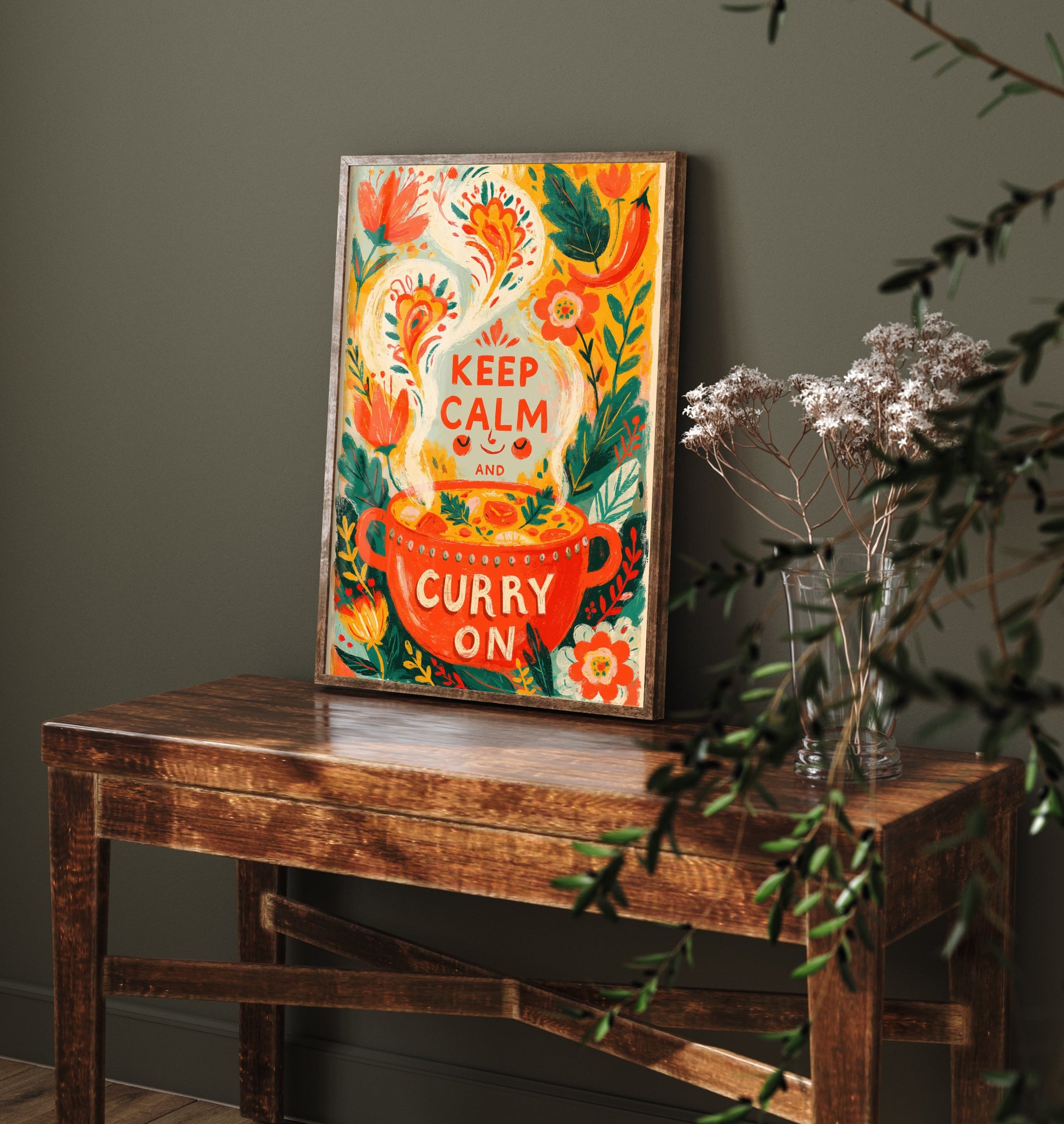 Keep Calm and Curry On Kitchen Print - Painterly Curry Pot and Chilli Flowers Poster - Bold Folk Art Illustration V2