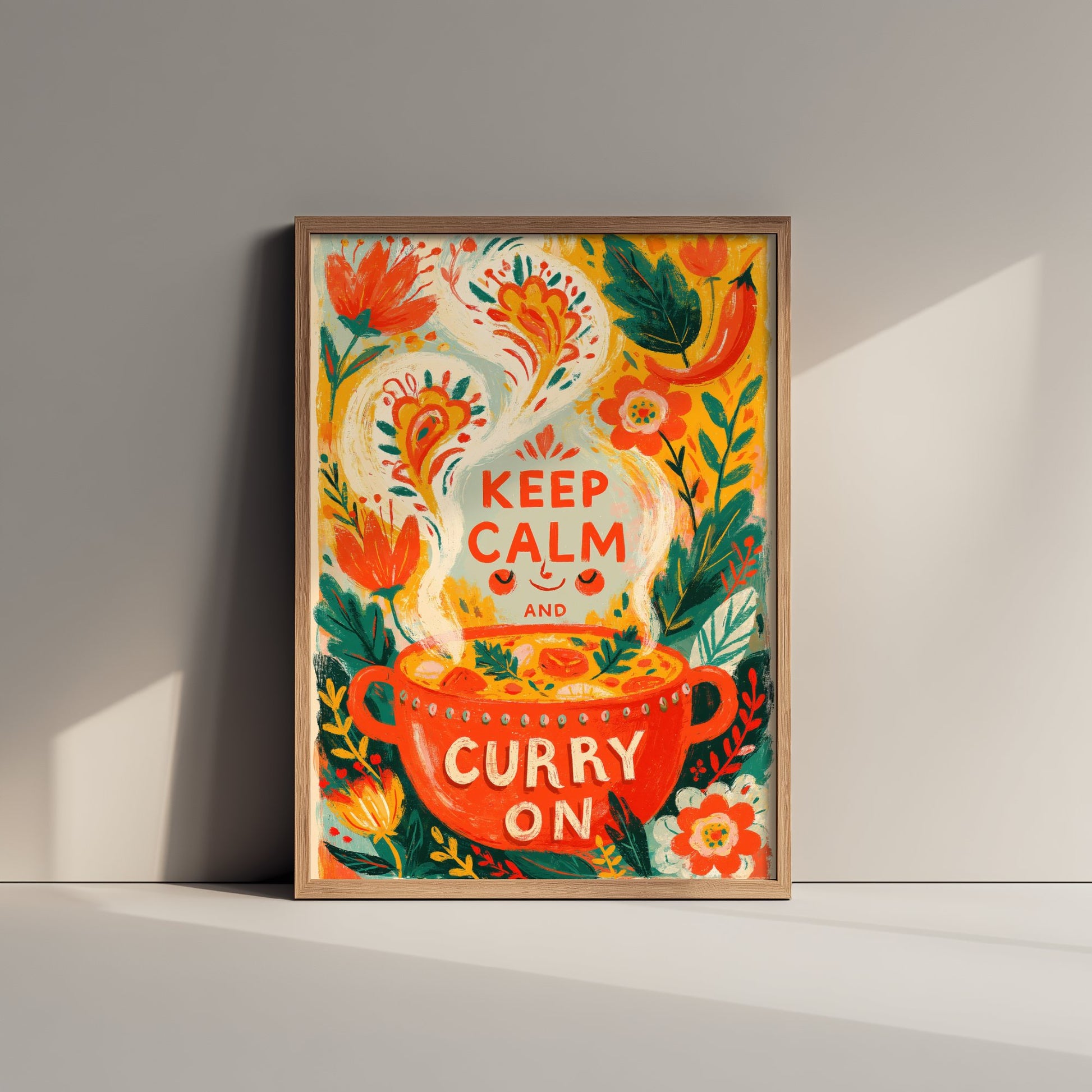 Keep Calm and Curry On Kitchen Print - Painterly Curry Pot and Chilli Flowers Poster - Bold Folk Art Illustration V2