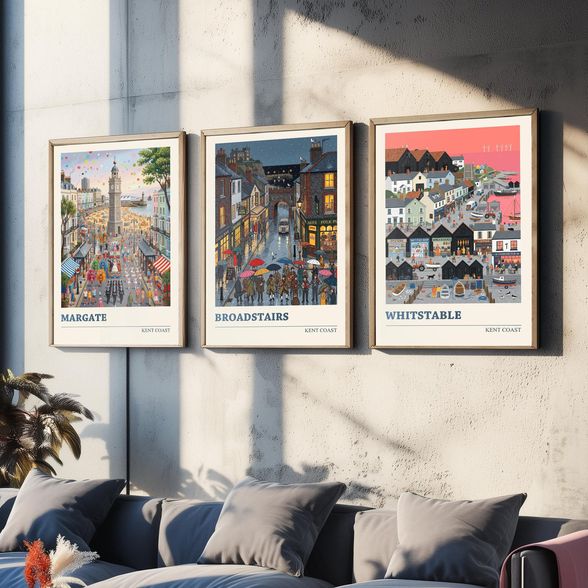Kent Coast Set of Three Art Prints - Margate, Broadstairs, Whitstable - 3 Colourful Folk Illustration Travel Posters - Seaside Painting