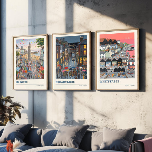 Kent Coast Set of Three Art Prints - Margate, Broadstairs, Whitstable - 3 Colourful Folk Illustration Travel Posters - Seaside Painting