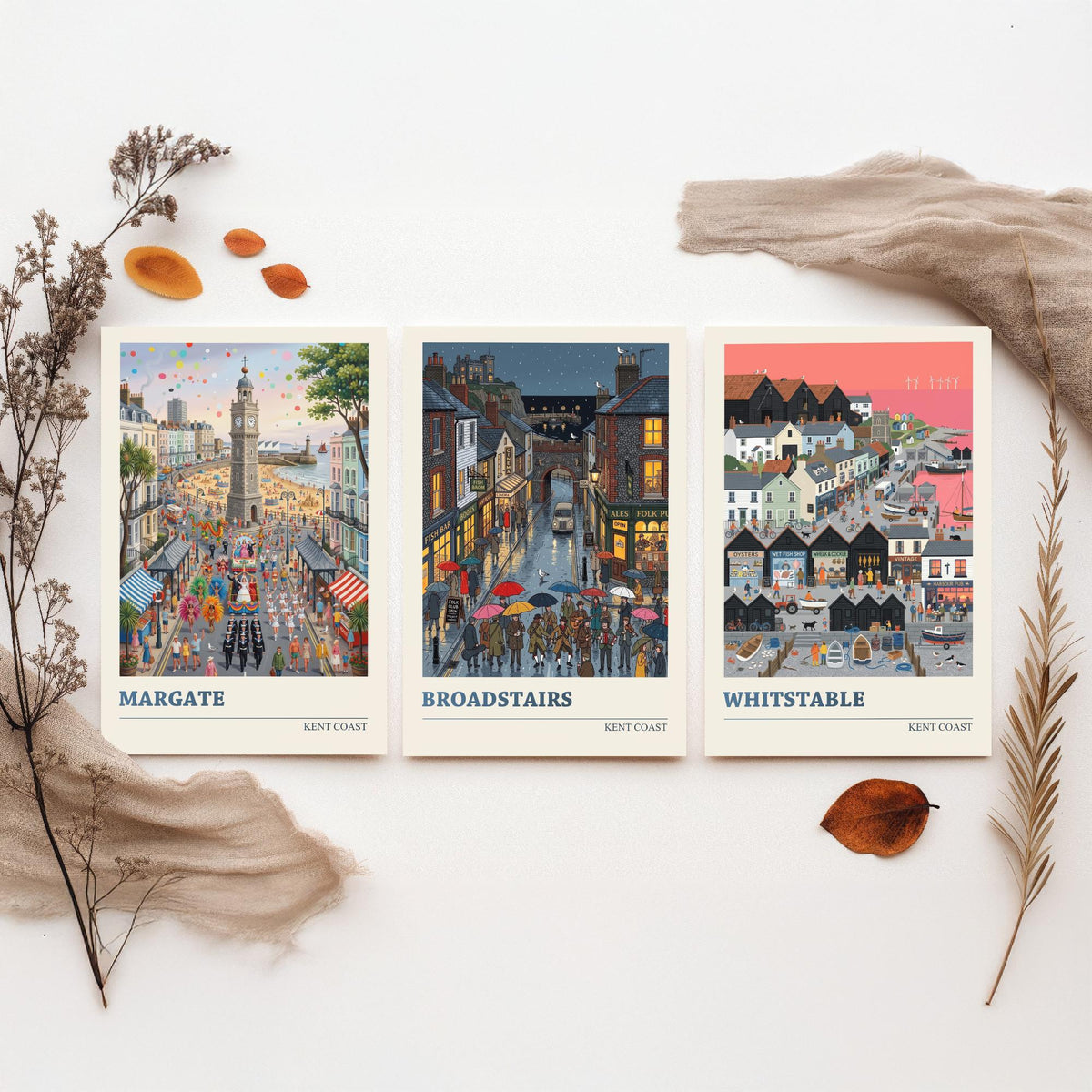 Kent Coast Set of Three Art Prints - Margate, Broadstairs, Whitstable - 3 Colourful Folk Illustration Travel Posters - Seaside Painting