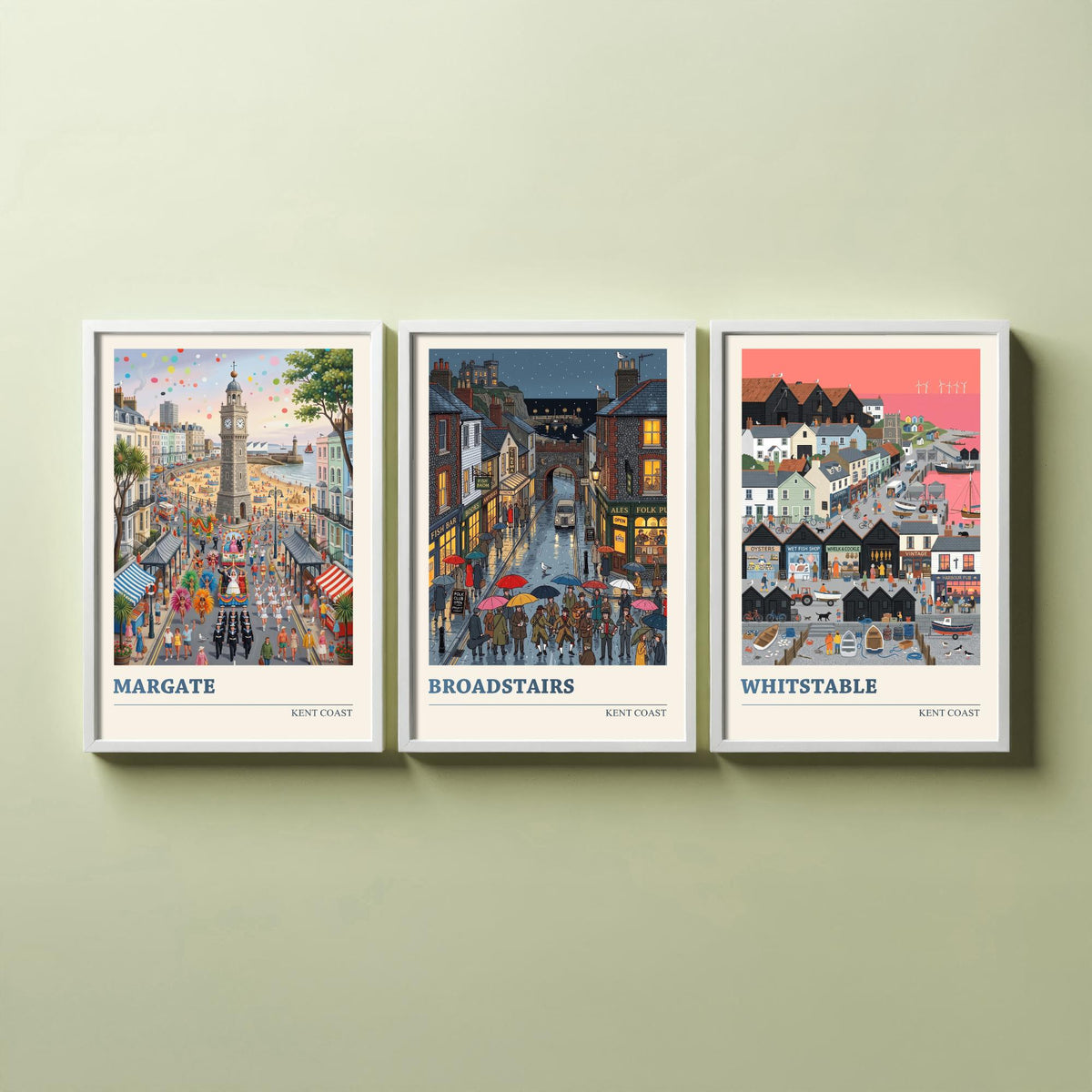 Kent Coast Set of Three Art Prints - Margate, Broadstairs, Whitstable - 3 Colourful Folk Illustration Travel Posters - Seaside Painting