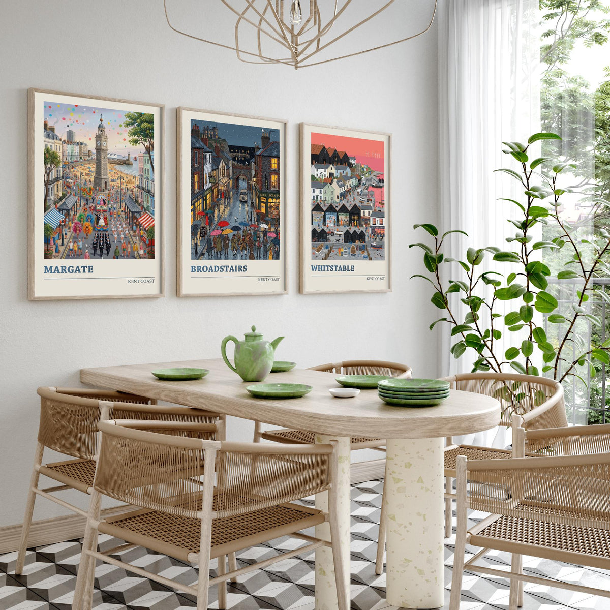 Kent Coast Set of Three Art Prints - Margate, Broadstairs, Whitstable - 3 Colourful Folk Illustration Travel Posters - Seaside Painting