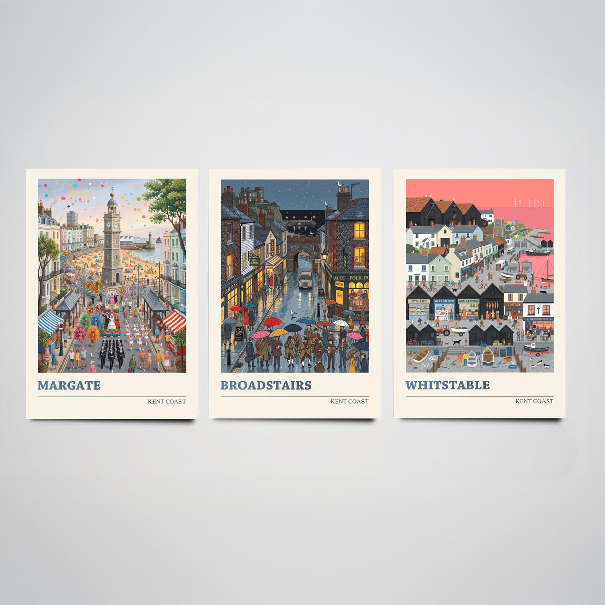 Kent Coast Set of Three Art Prints - Margate, Broadstairs, Whitstable - 3 Colourful Folk Illustration Travel Posters - Seaside Painting