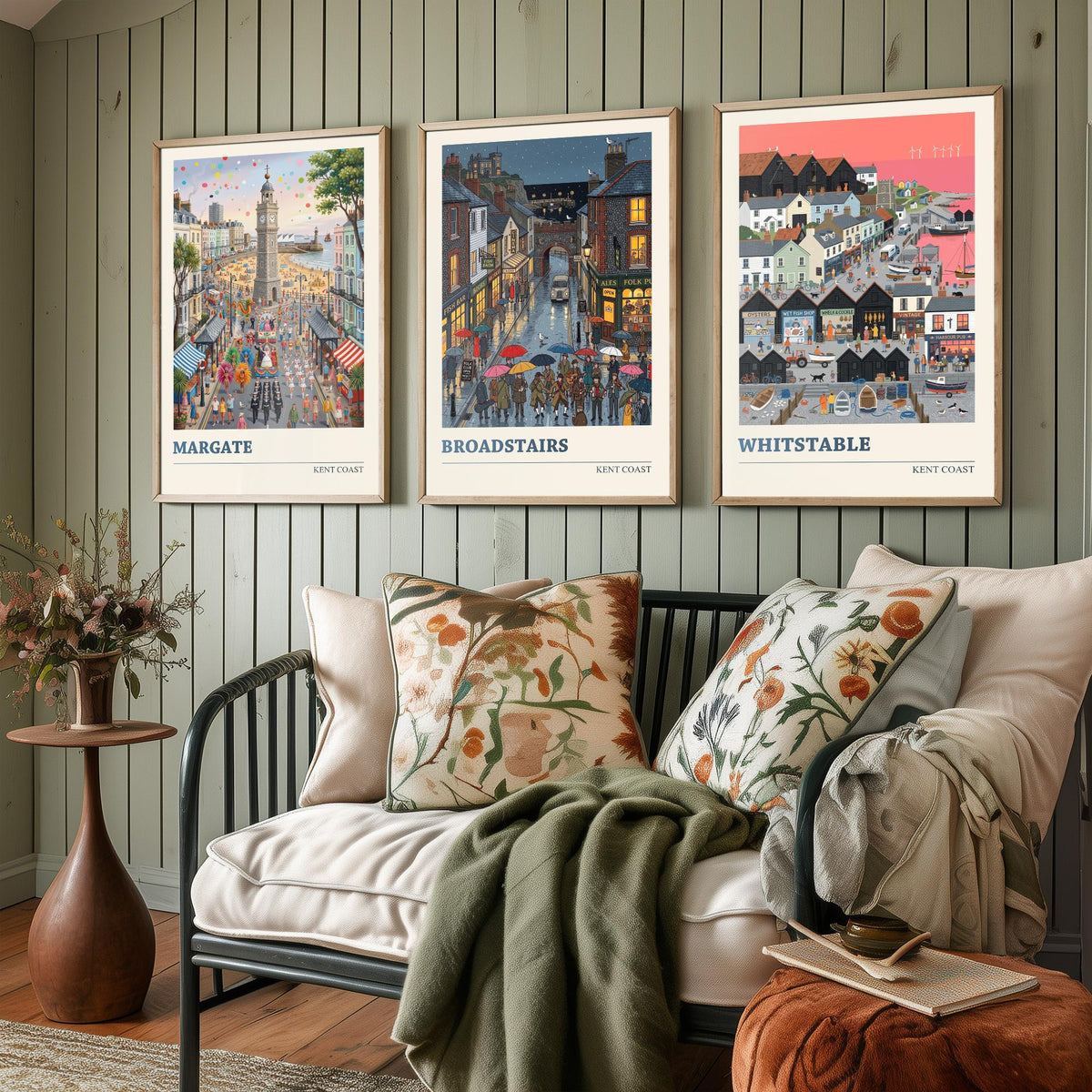 Kent Coast Set of Three Art Prints - Margate, Broadstairs, Whitstable - 3 Colourful Folk Illustration Travel Posters - Seaside Painting