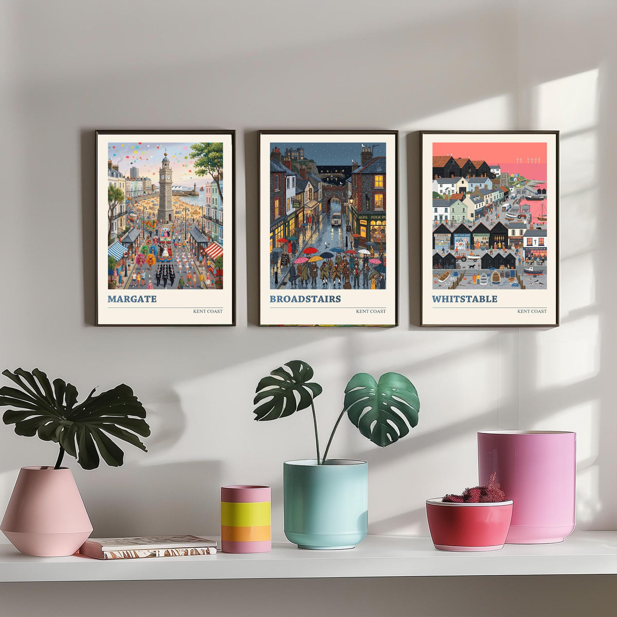 Kent Coast Set of Three Art Prints - Margate, Broadstairs, Whitstable - 3 Colourful Folk Illustration Travel Posters - Seaside Painting