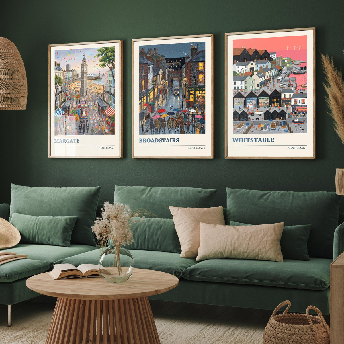 Kent Coast Set of Three Art Prints - Margate, Broadstairs, Whitstable - 3 Colourful Folk Illustration Travel Posters - Seaside Painting