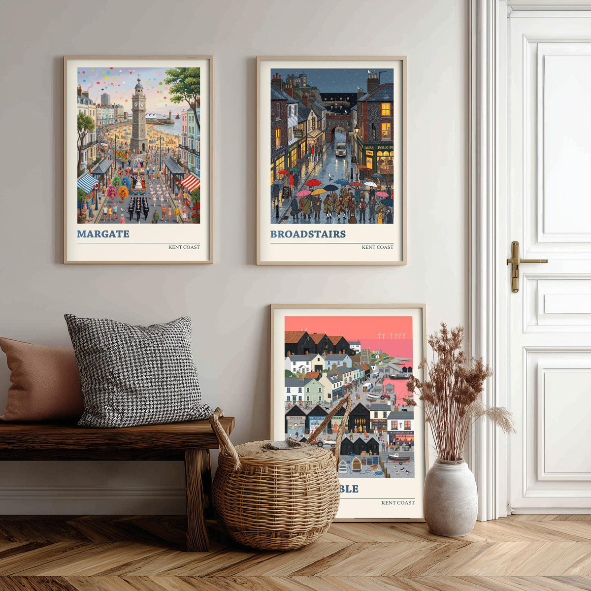 Kent Coast Set of Three Art Prints - Margate, Broadstairs, Whitstable - 3 Colourful Folk Illustration Travel Posters - Seaside Painting