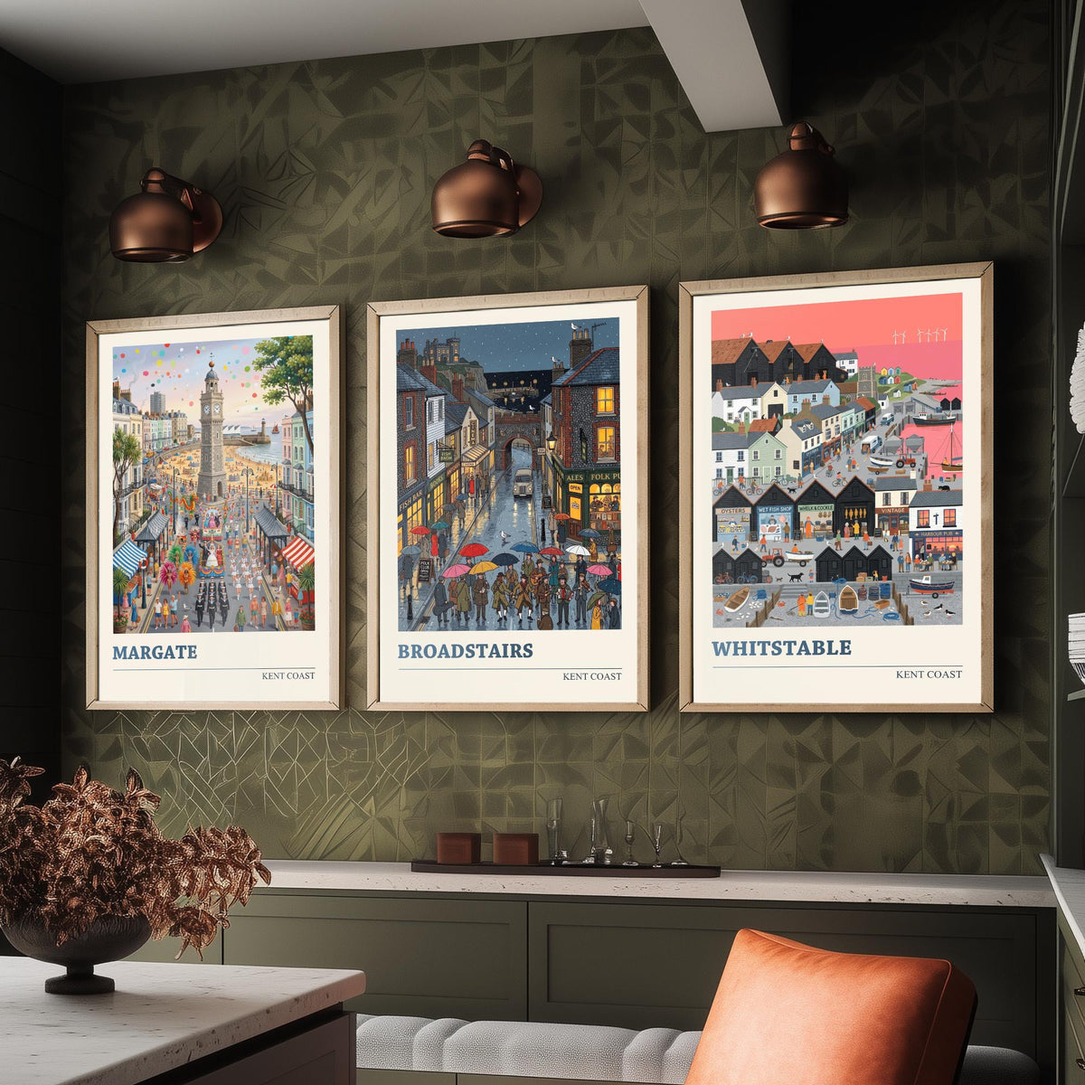 Kent Coast Set of Three Art Prints - Margate, Broadstairs, Whitstable - 3 Colourful Folk Illustration Travel Posters - Seaside Painting