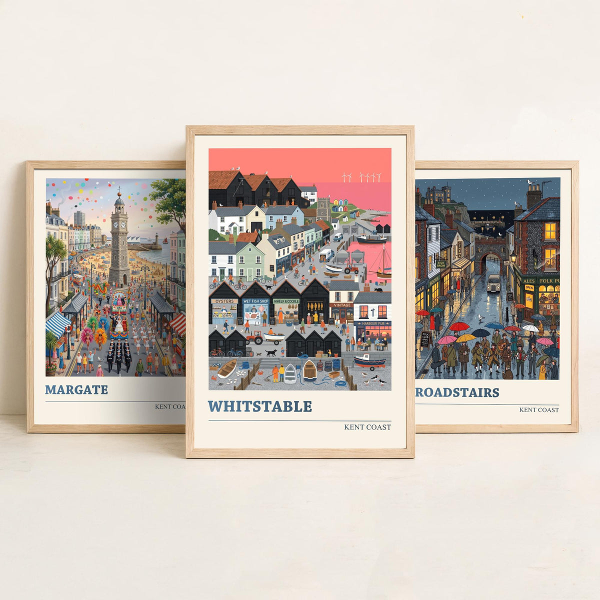 Kent Coast Set of Three Art Prints - Margate, Broadstairs, Whitstable - 3 Colourful Folk Illustration Travel Posters - Seaside Painting