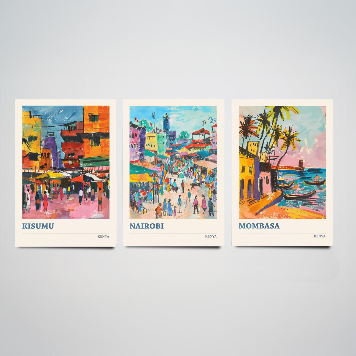 Kenya Set of Three Prints - Kisumu Nairobi Mombasa - 3 Watercolour Travel Posters - African City Wall Art Gift Painting Market Map Decor