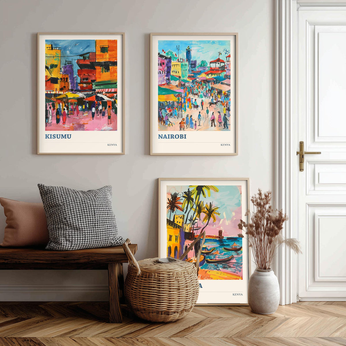 Kenya Set of Three Prints - Kisumu Nairobi Mombasa - 3 Watercolour Travel Posters - African City Wall Art Gift Painting Market Map Decor