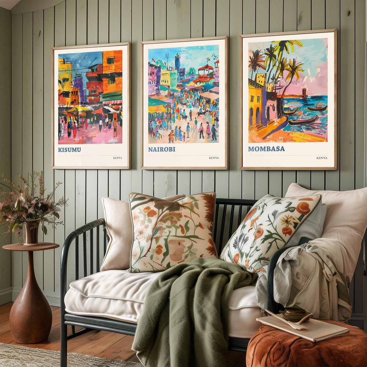 Kenya Set of Three Prints - Kisumu Nairobi Mombasa - 3 Watercolour Travel Posters - African City Wall Art Gift Painting Market Map Decor