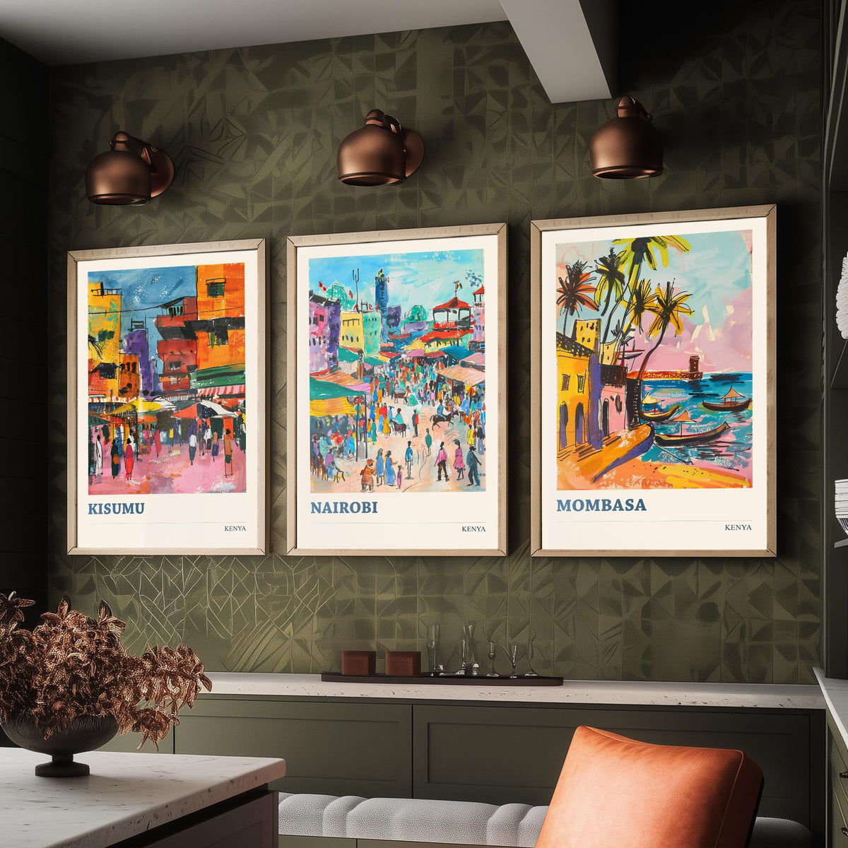 Kenya Set of Three Prints - Kisumu Nairobi Mombasa - 3 Watercolour Travel Posters - African City Wall Art Gift Painting Market Map Decor