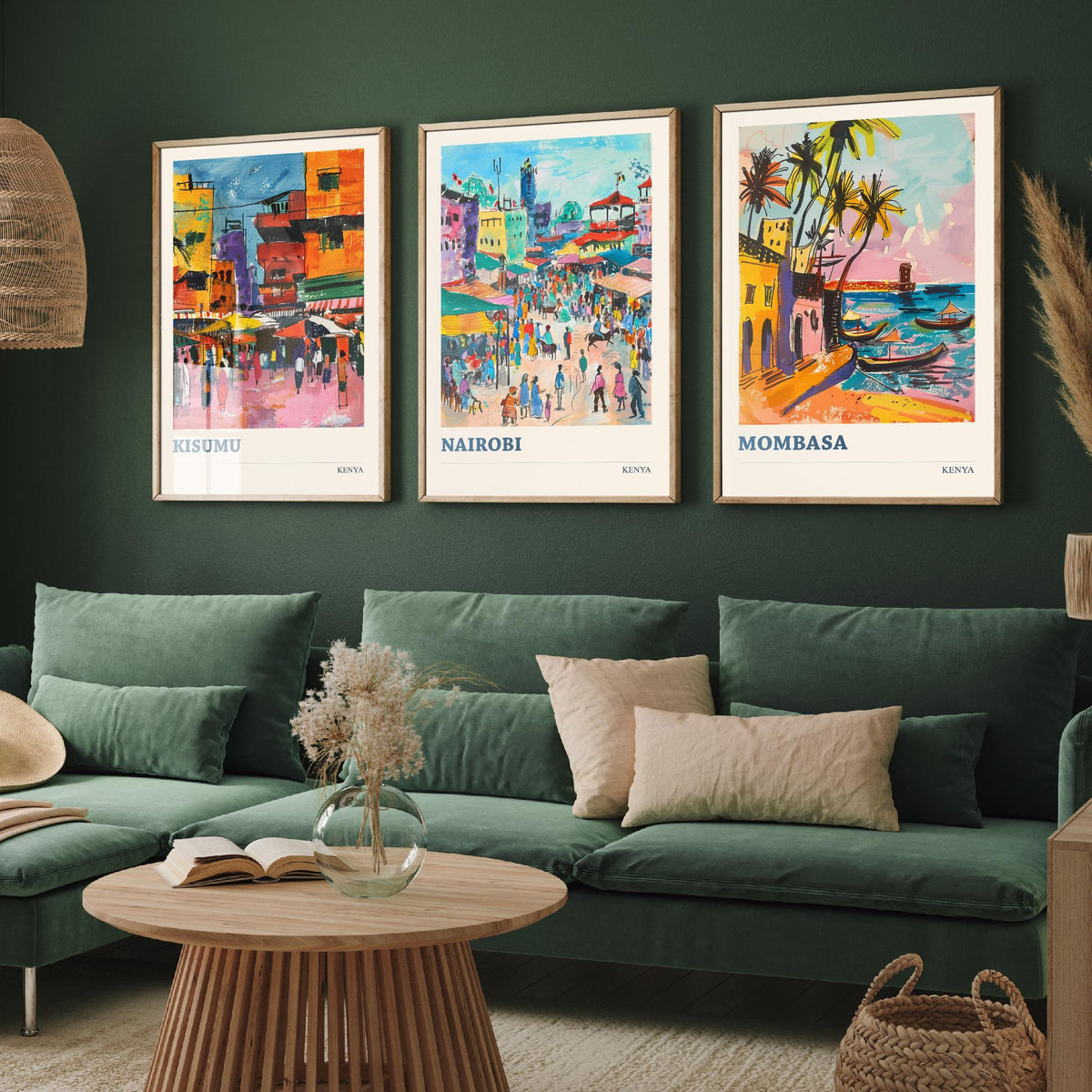 Kenya Set of Three Prints - Kisumu Nairobi Mombasa - 3 Watercolour Travel Posters - African City Wall Art Gift Painting Market Map Decor