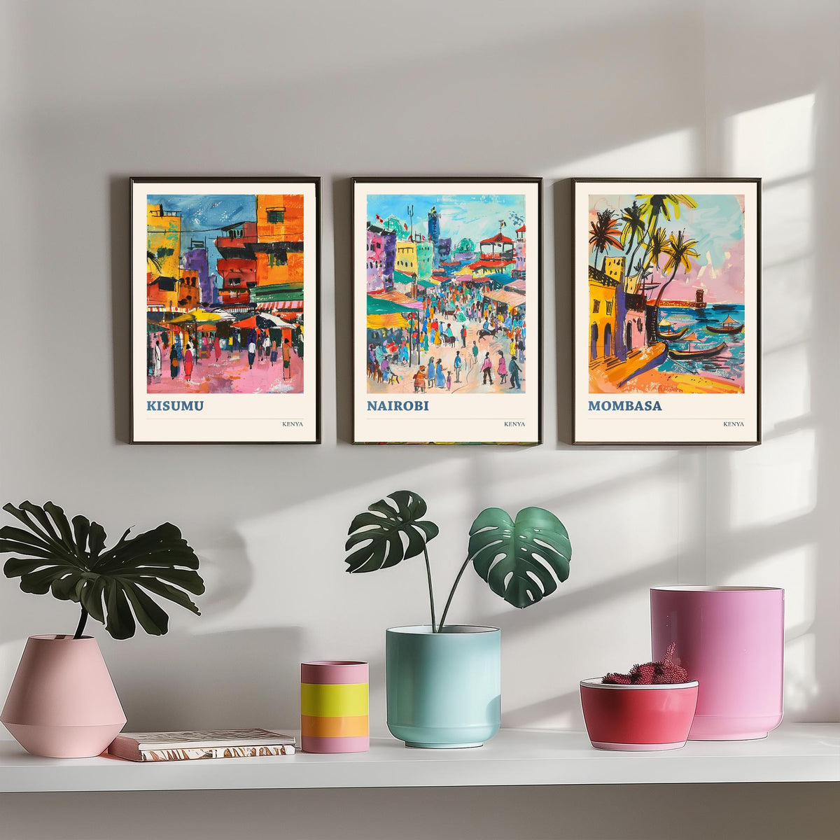 Kenya Set of Three Prints - Kisumu Nairobi Mombasa - 3 Watercolour Travel Posters - African City Wall Art Gift Painting Market Map Decor