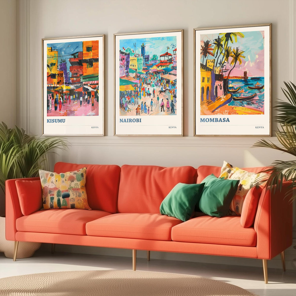Kenya Set of Three Prints - Kisumu Nairobi Mombasa - 3 Watercolour Travel Posters - African City Wall Art Gift Painting Market Map Decor