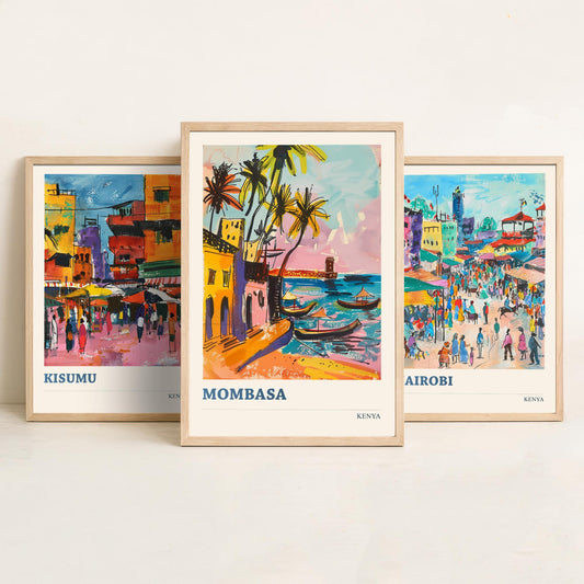 Kenya Set of Three Prints - Kisumu Nairobi Mombasa - 3 Watercolour Travel Posters - African City Wall Art Gift Painting Market Map Decor
