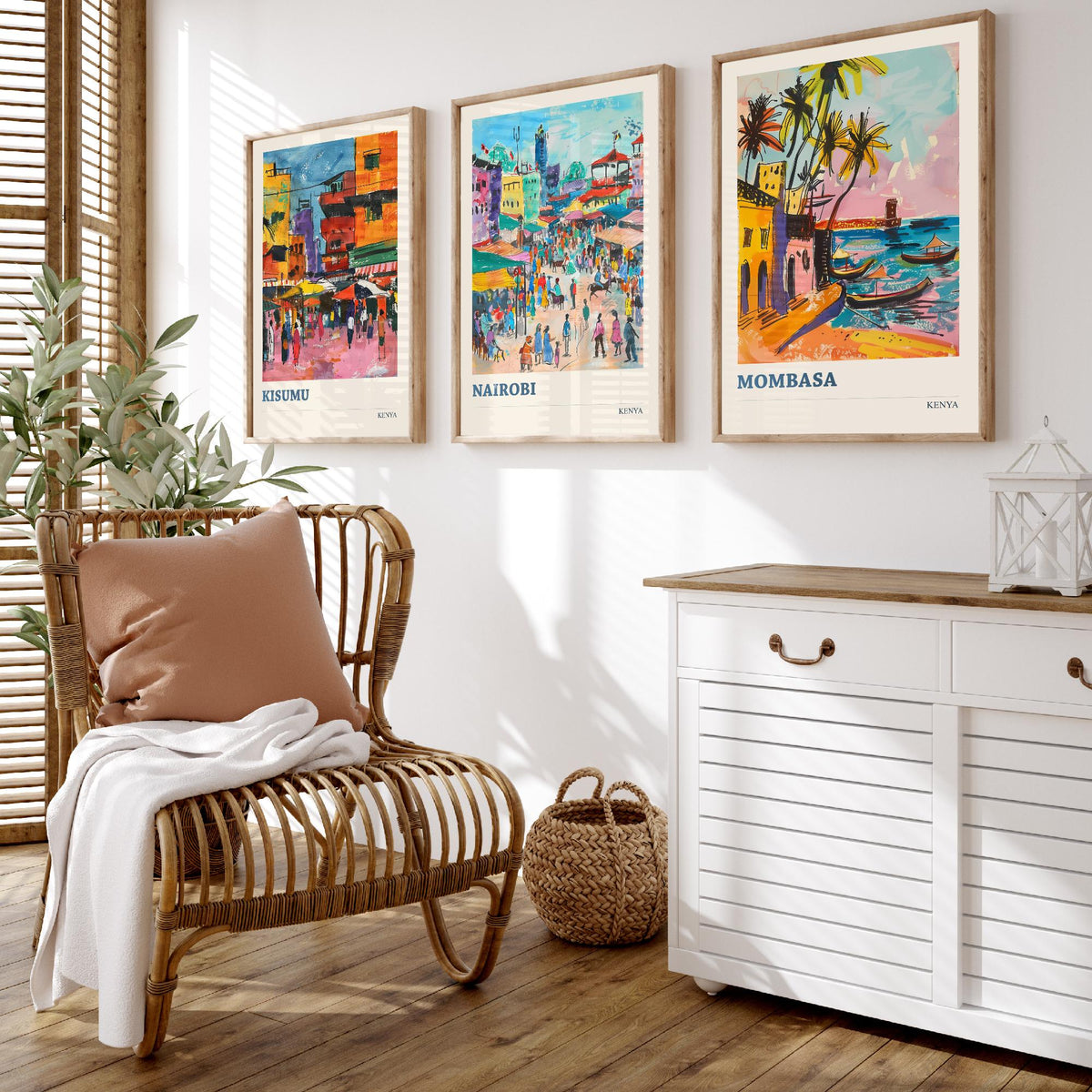 Kenya Set of Three Prints - Kisumu Nairobi Mombasa - 3 Watercolour Travel Posters - African City Wall Art Gift Painting Market Map Decor
