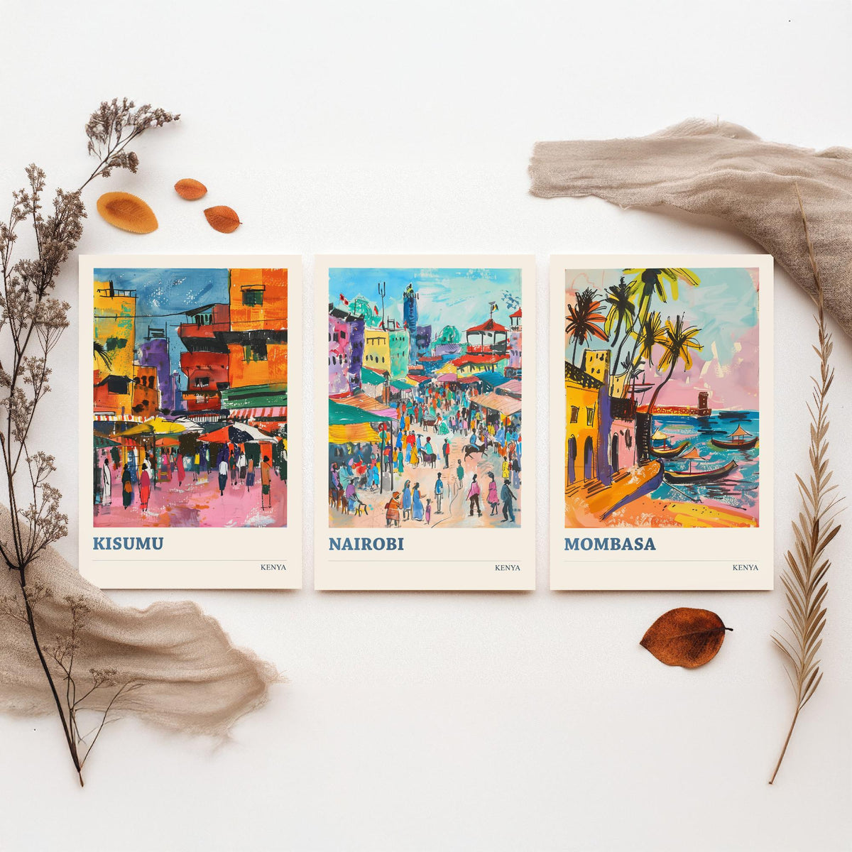 Kenya Set of Three Prints - Kisumu Nairobi Mombasa - 3 Watercolour Travel Posters - African City Wall Art Gift Painting Market Map Decor