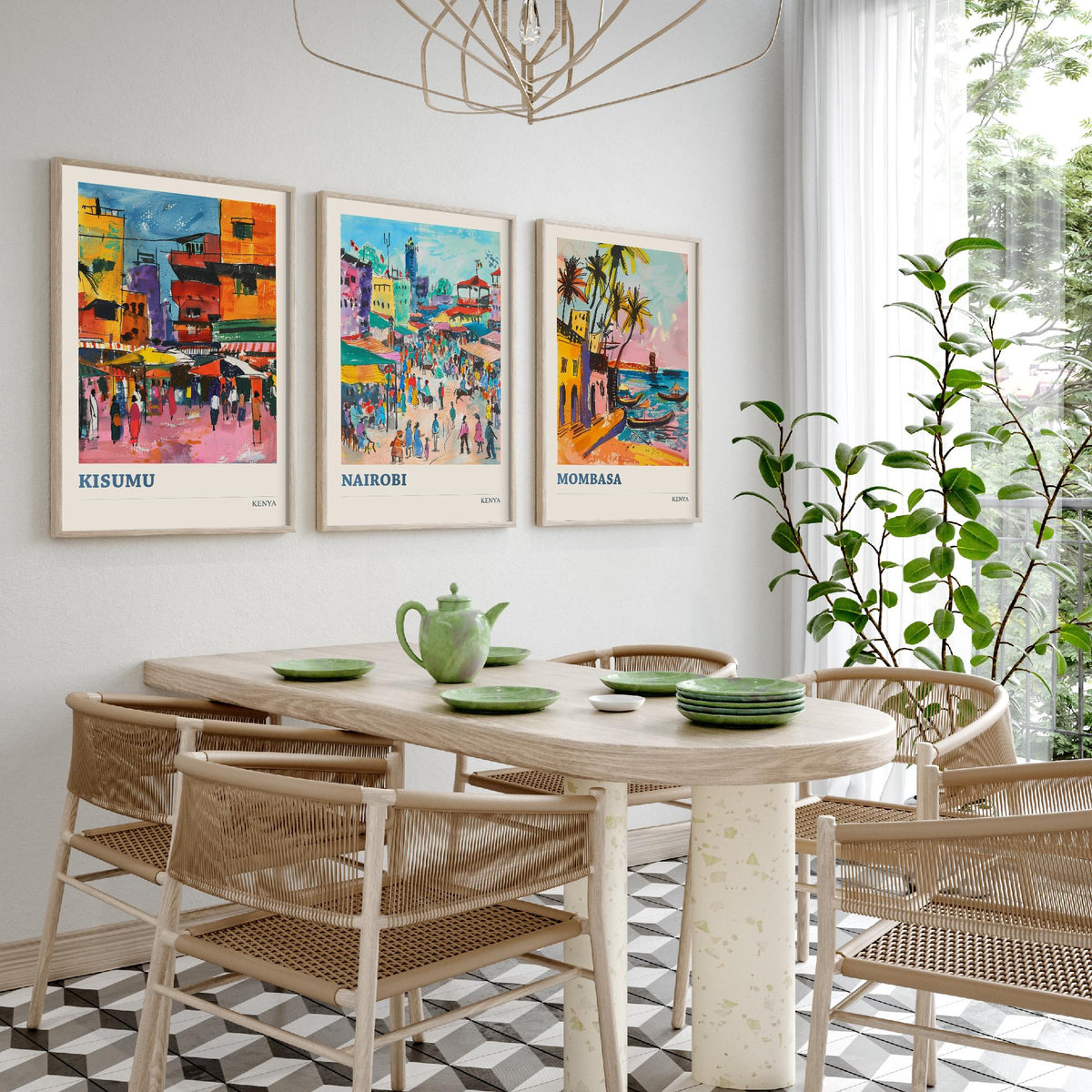 Kenya Set of Three Prints - Kisumu Nairobi Mombasa - 3 Watercolour Travel Posters - African City Wall Art Gift Painting Market Map Decor