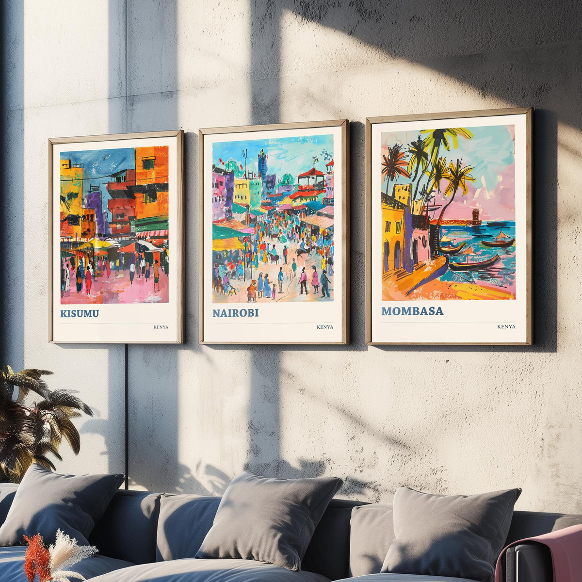 Kenya Set of Three Prints - Kisumu Nairobi Mombasa - 3 Watercolour Travel Posters - African City Wall Art Gift Painting Market Map Decor