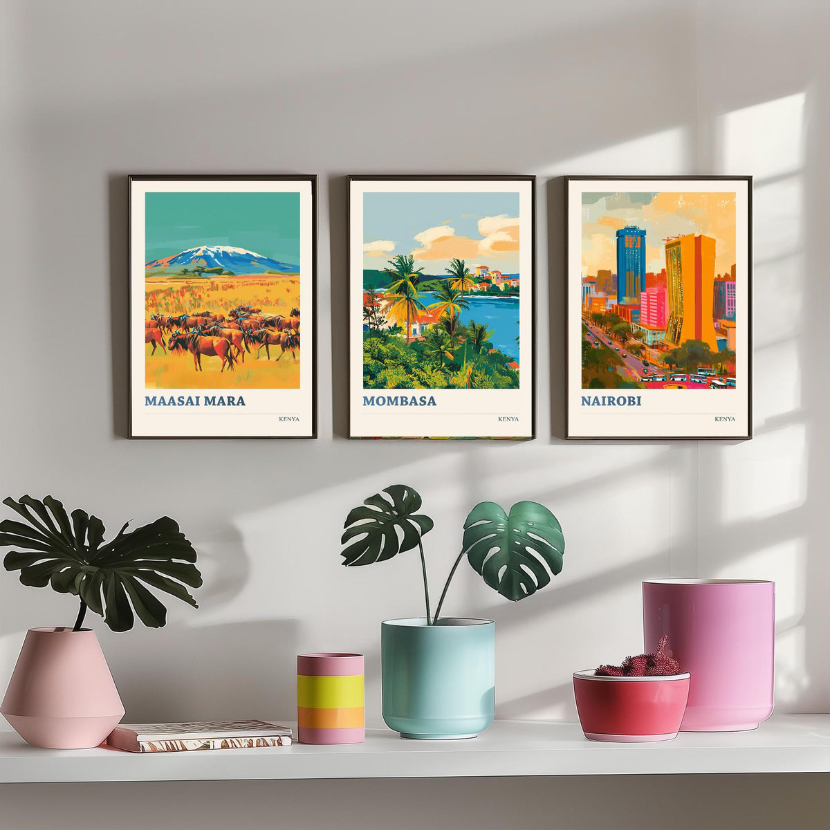 Kenya Set of Three Prints - Maasai Mara Mombasa Nairobi - 3 Bold Travel Posters - Safari Wall Art Gift Painting Wildlife Skyline Map Decor