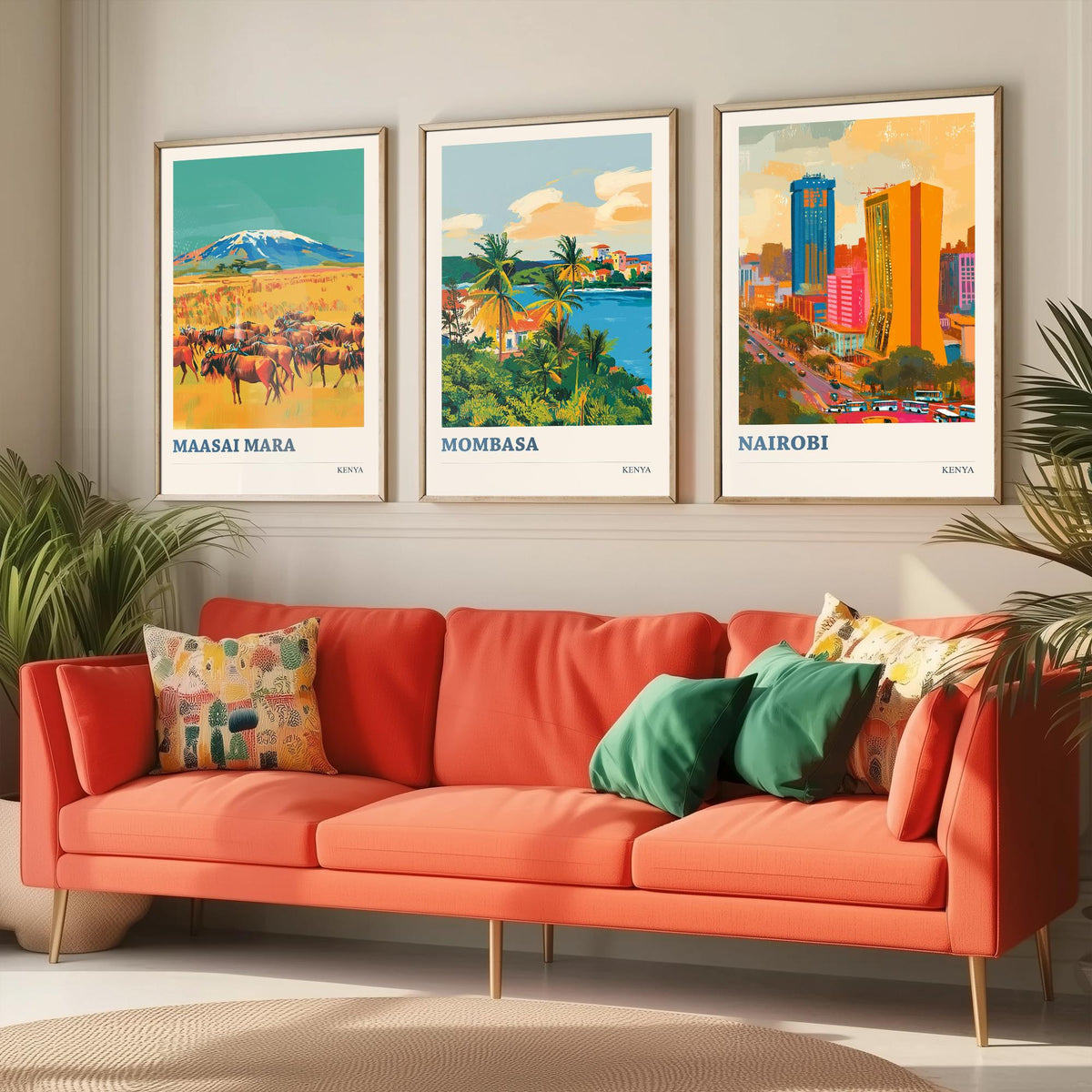 Kenya Set of Three Prints - Maasai Mara Mombasa Nairobi - 3 Bold Travel Posters - Safari Wall Art Gift Painting Wildlife Skyline Map Decor