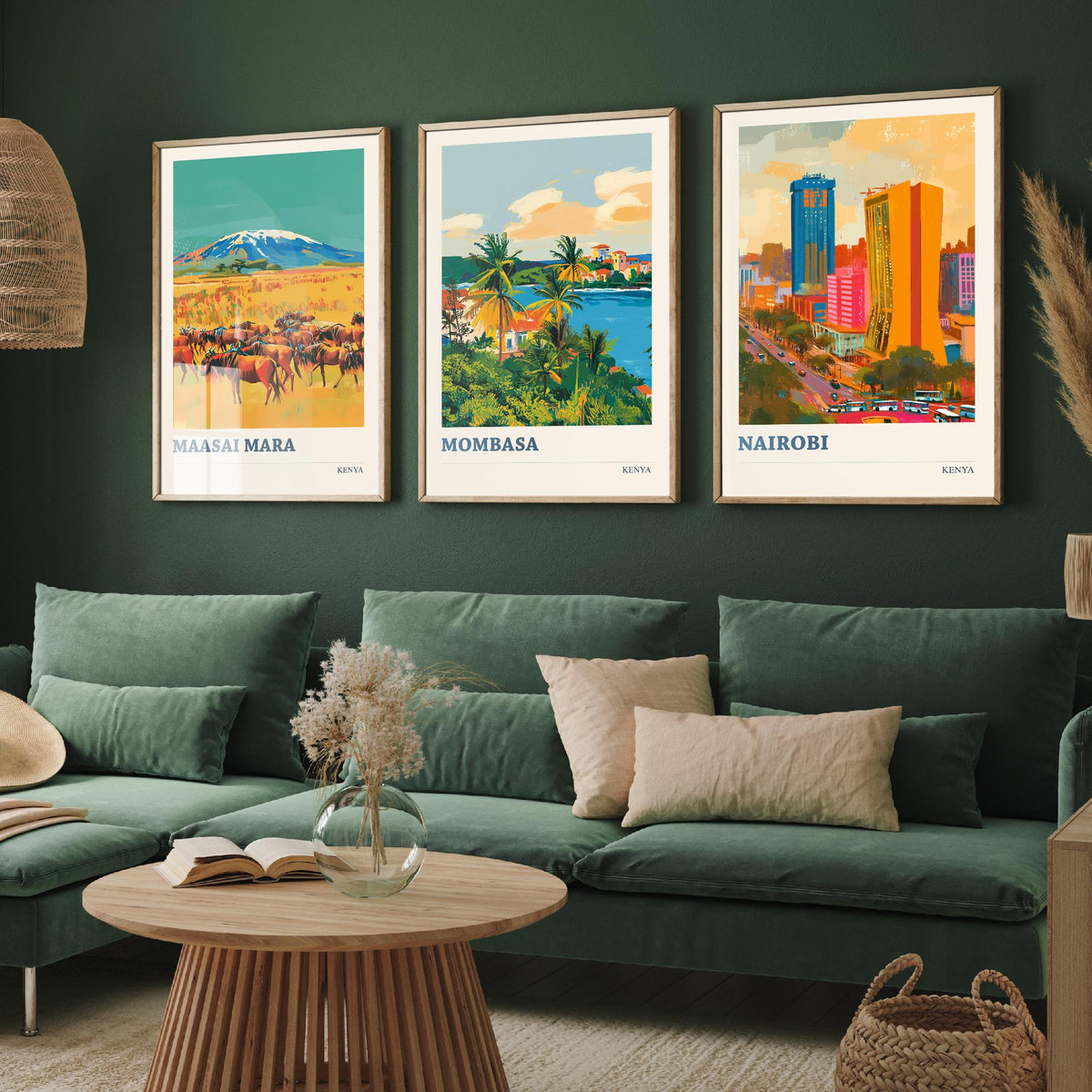 Kenya Set of Three Prints - Maasai Mara Mombasa Nairobi - 3 Bold Travel Posters - Safari Wall Art Gift Painting Wildlife Skyline Map Decor