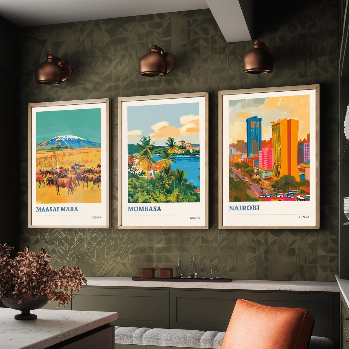 Kenya Set of Three Prints - Maasai Mara Mombasa Nairobi - 3 Bold Travel Posters - Safari Wall Art Gift Painting Wildlife Skyline Map Decor