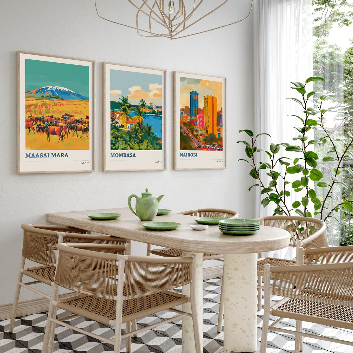 Kenya Set of Three Prints - Maasai Mara Mombasa Nairobi - 3 Bold Travel Posters - Safari Wall Art Gift Painting Wildlife Skyline Map Decor