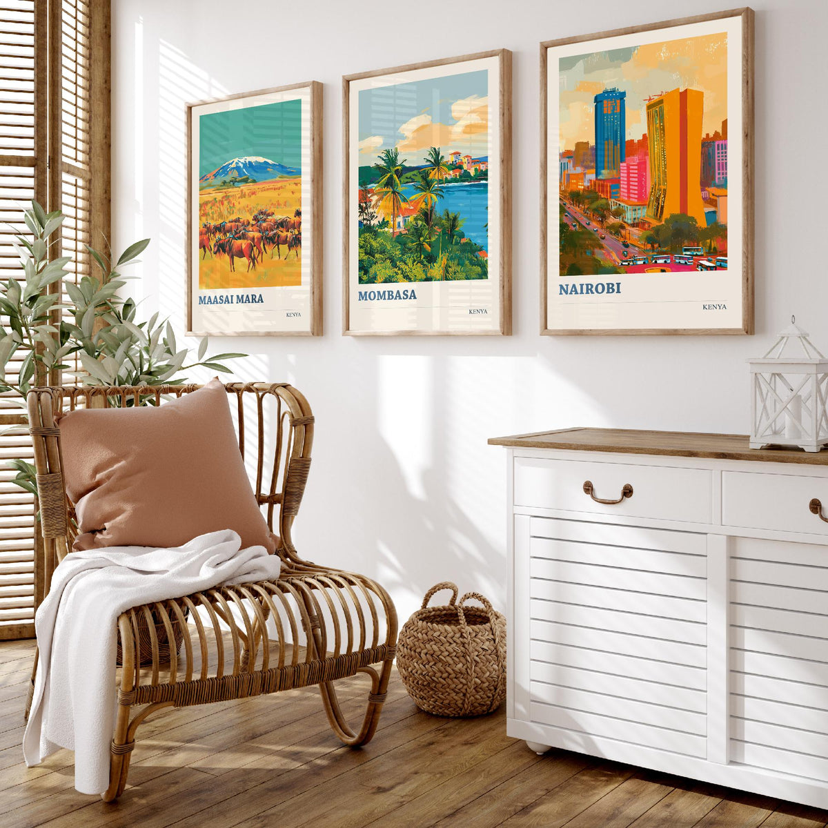 Kenya Set of Three Prints - Maasai Mara Mombasa Nairobi - 3 Bold Travel Posters - Safari Wall Art Gift Painting Wildlife Skyline Map Decor