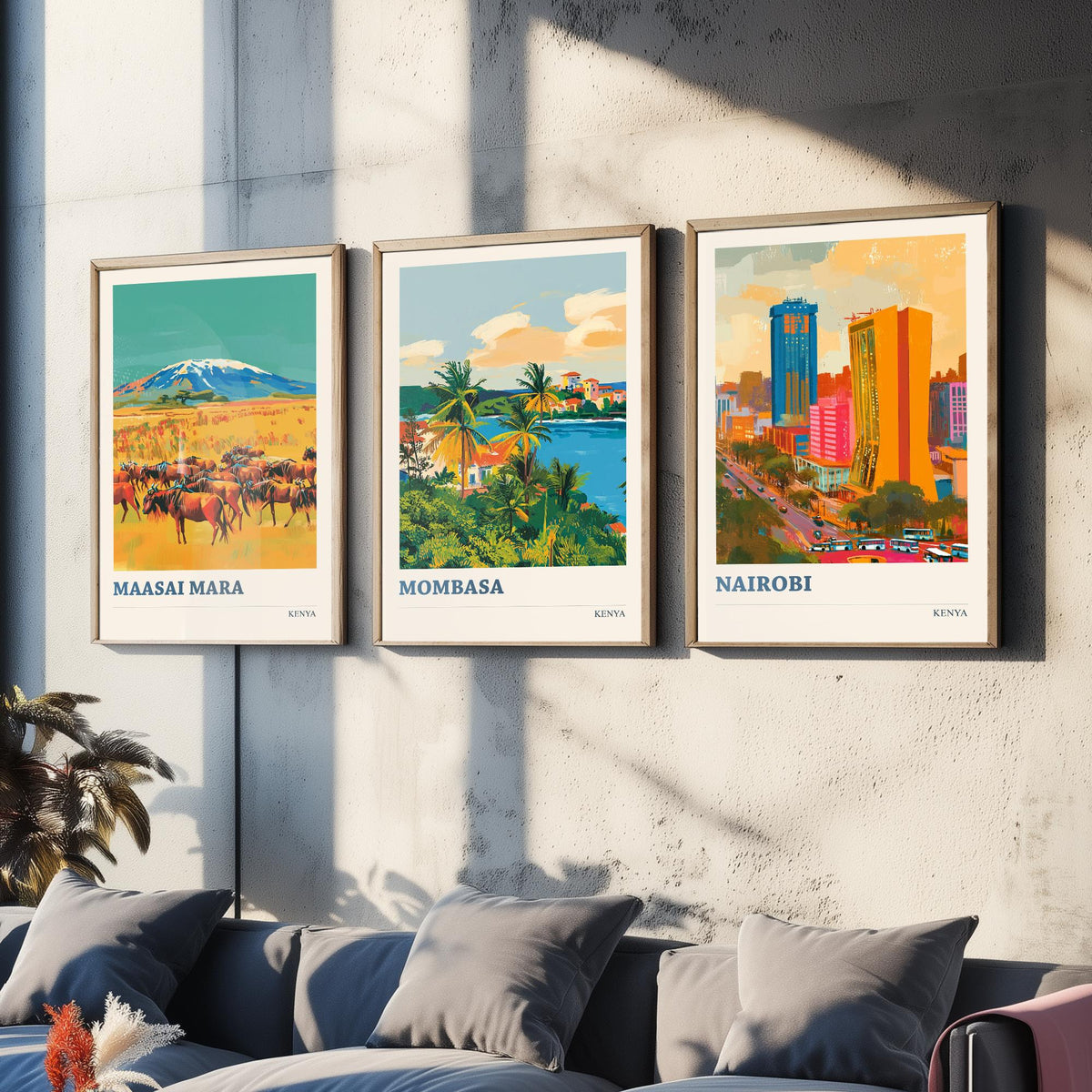 Kenya Set of Three Prints - Maasai Mara Mombasa Nairobi - 3 Bold Travel Posters - Safari Wall Art Gift Painting Wildlife Skyline Map Decor