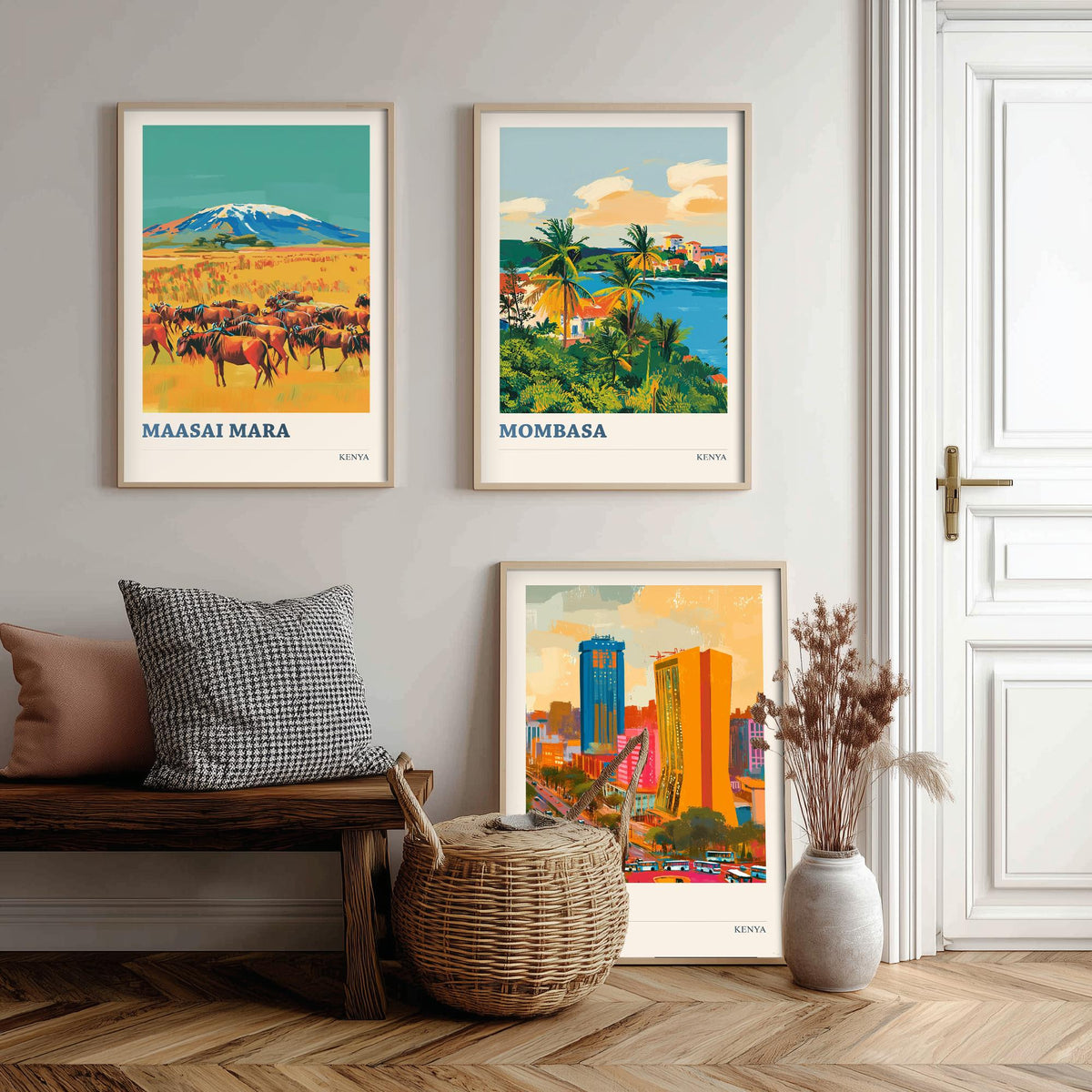 Kenya Set of Three Prints - Maasai Mara Mombasa Nairobi - 3 Bold Travel Posters - Safari Wall Art Gift Painting Wildlife Skyline Map Decor