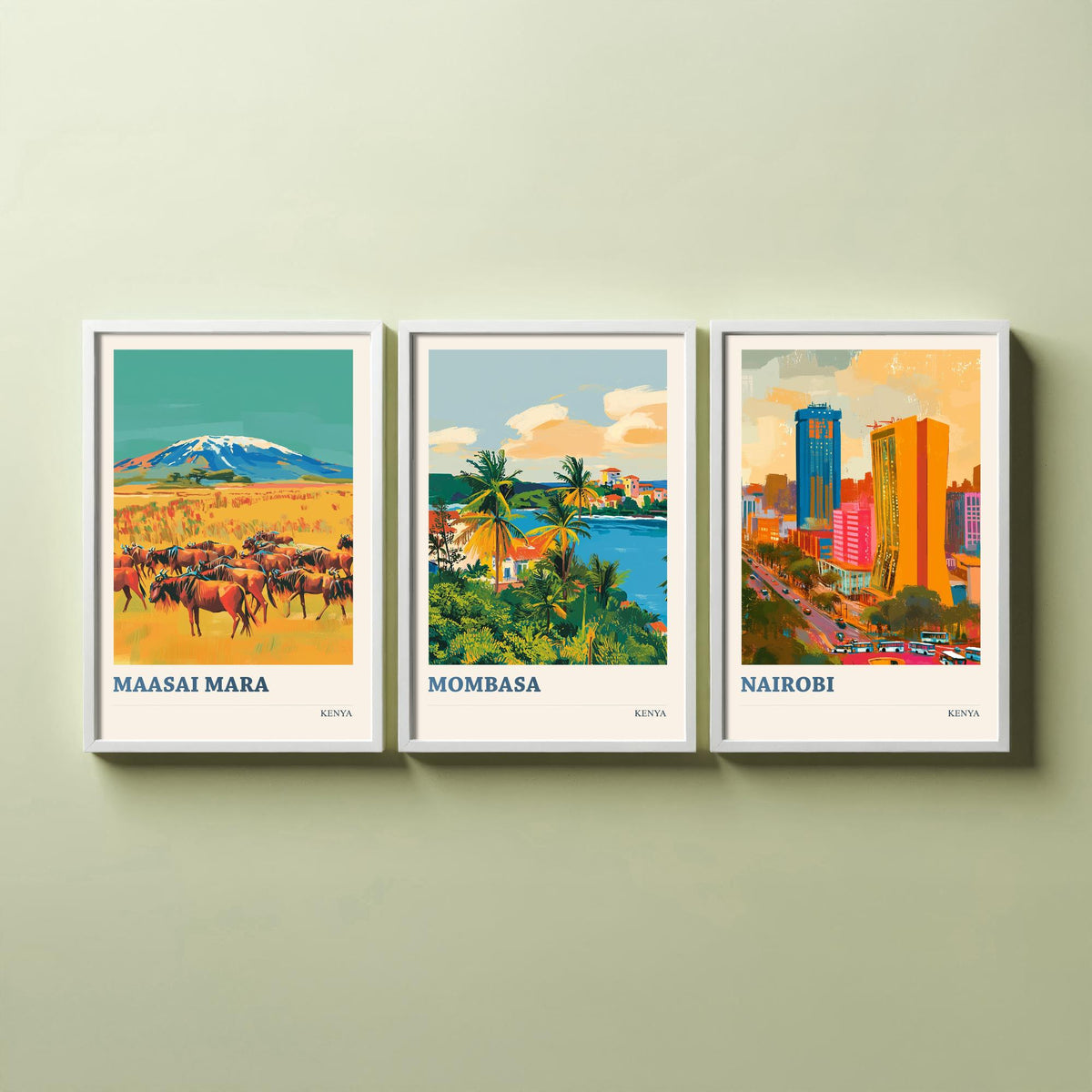 Kenya Set of Three Prints - Maasai Mara Mombasa Nairobi - 3 Bold Travel Posters - Safari Wall Art Gift Painting Wildlife Skyline Map Decor