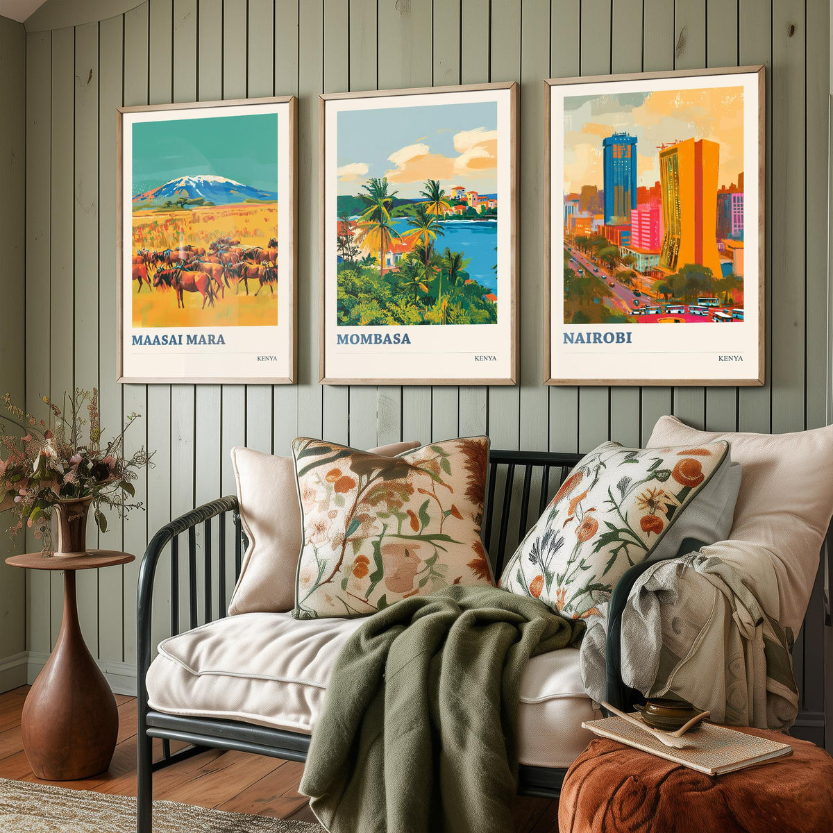 Kenya Set of Three Prints - Maasai Mara Mombasa Nairobi - 3 Bold Travel Posters - Safari Wall Art Gift Painting Wildlife Skyline Map Decor