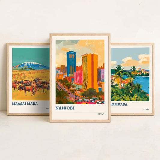 Kenya Set of Three Prints - Maasai Mara Mombasa Nairobi - 3 Bold Travel Posters - Safari Wall Art Gift Painting Wildlife Skyline Map Decor