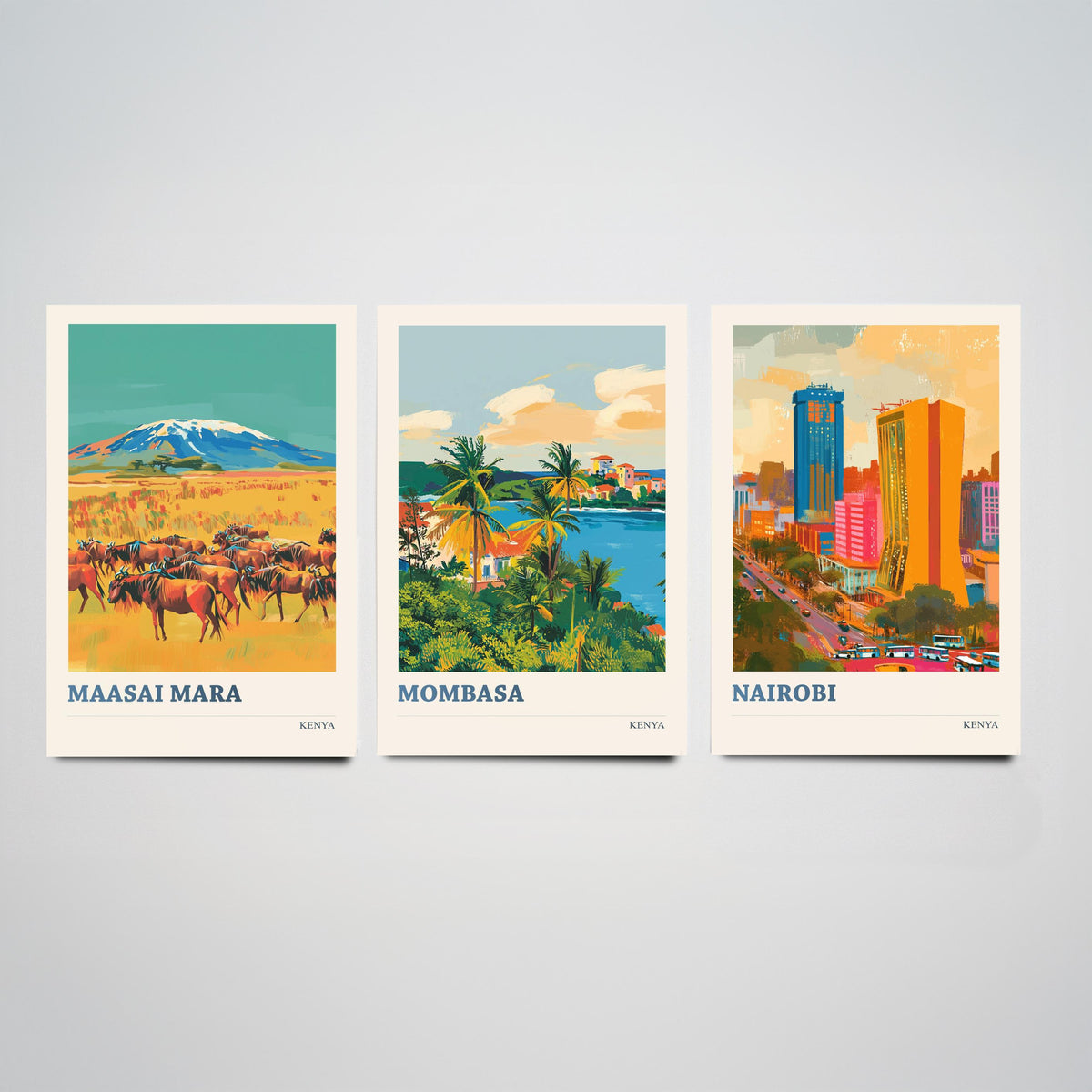 Kenya Set of Three Prints - Maasai Mara Mombasa Nairobi - 3 Bold Travel Posters - Safari Wall Art Gift Painting Wildlife Skyline Map Decor