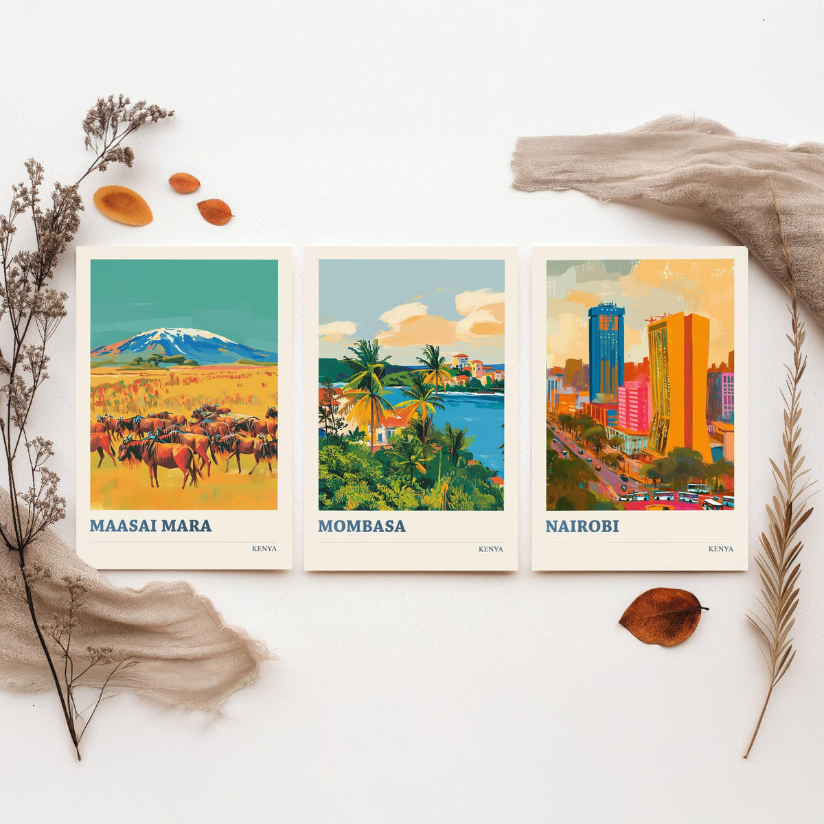 Kenya Set of Three Prints - Maasai Mara Mombasa Nairobi - 3 Bold Travel Posters - Safari Wall Art Gift Painting Wildlife Skyline Map Decor