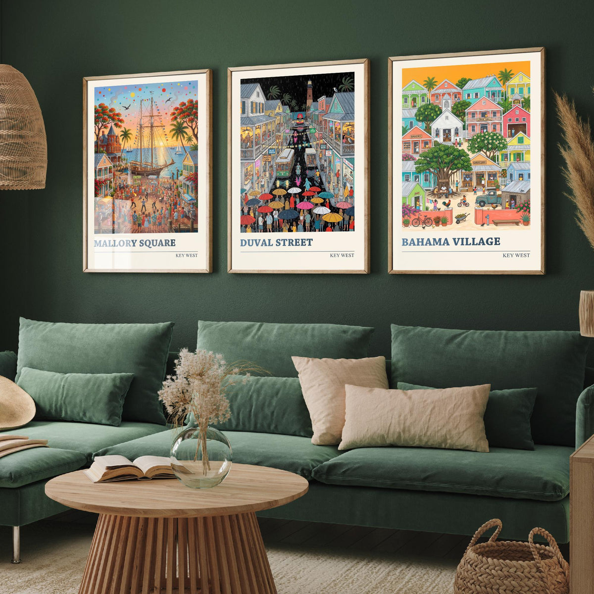Key West Set of Three Art Prints - Mallory Square, Duval Street, Bahama Village - 3 Folk Illustration Travel Posters - Florida Keys Painting