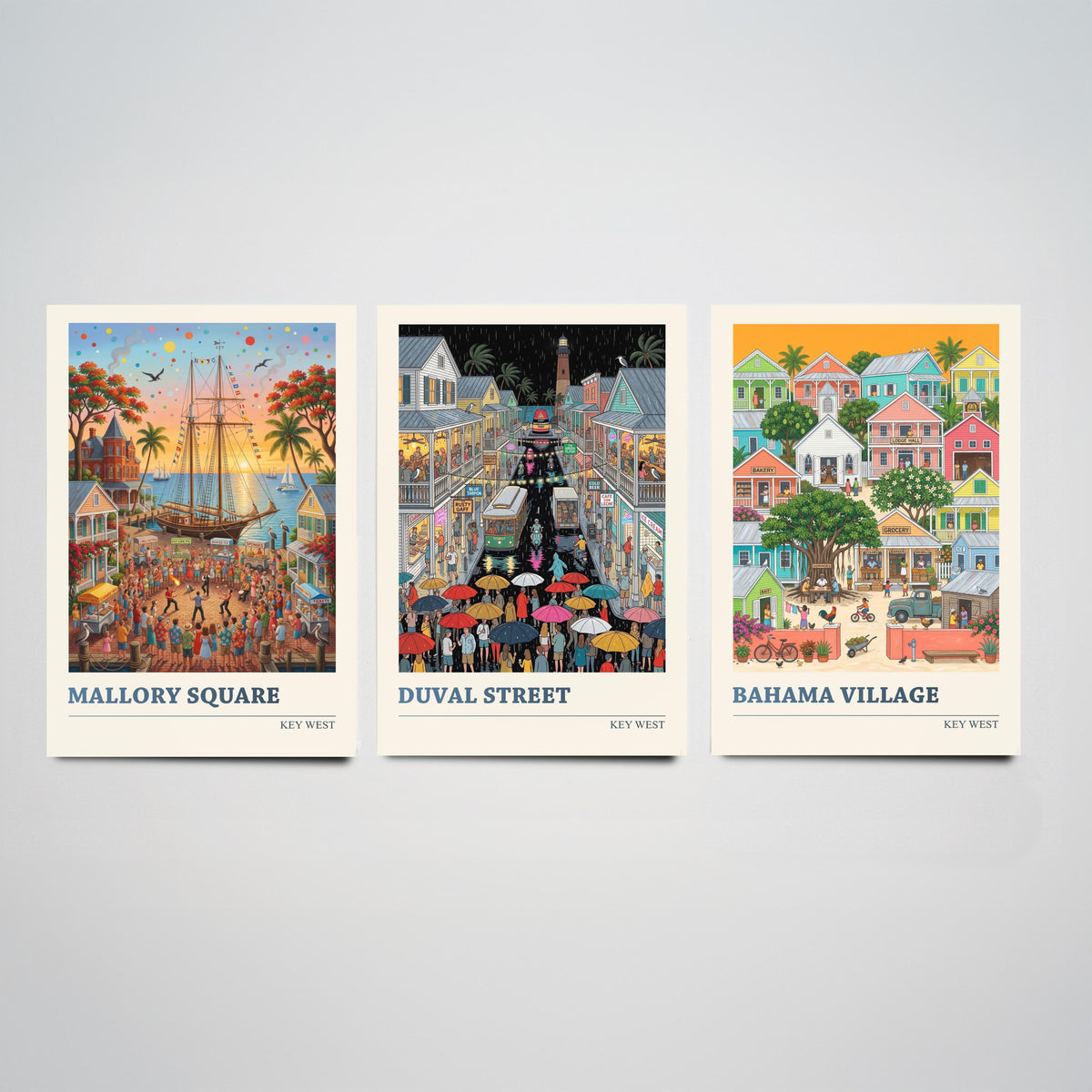 Key West Set of Three Art Prints - Mallory Square, Duval Street, Bahama Village - 3 Folk Illustration Travel Posters - Florida Keys Painting