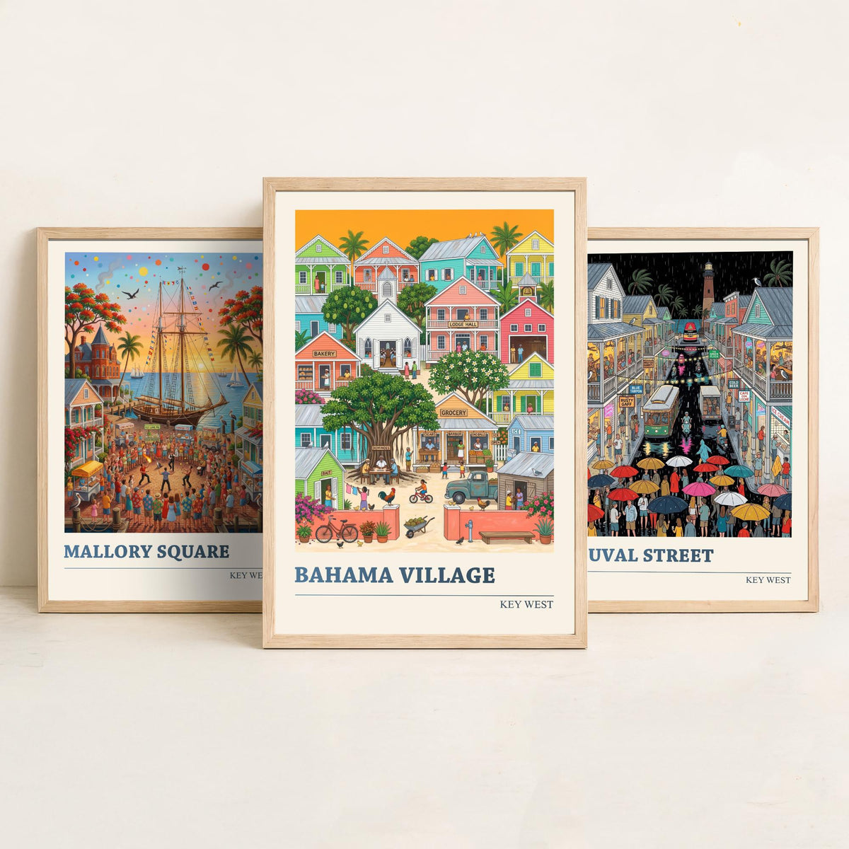 Key West Set of Three Art Prints - Mallory Square, Duval Street, Bahama Village - 3 Folk Illustration Travel Posters - Florida Keys Painting