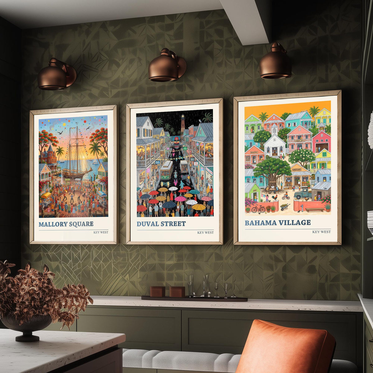 Key West Set of Three Art Prints - Mallory Square, Duval Street, Bahama Village - 3 Folk Illustration Travel Posters - Florida Keys Painting
