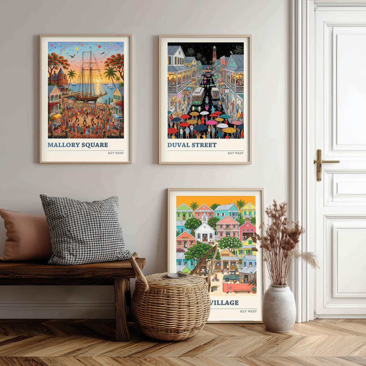 Key West Set of Three Art Prints - Mallory Square, Duval Street, Bahama Village - 3 Folk Illustration Travel Posters - Florida Keys Painting