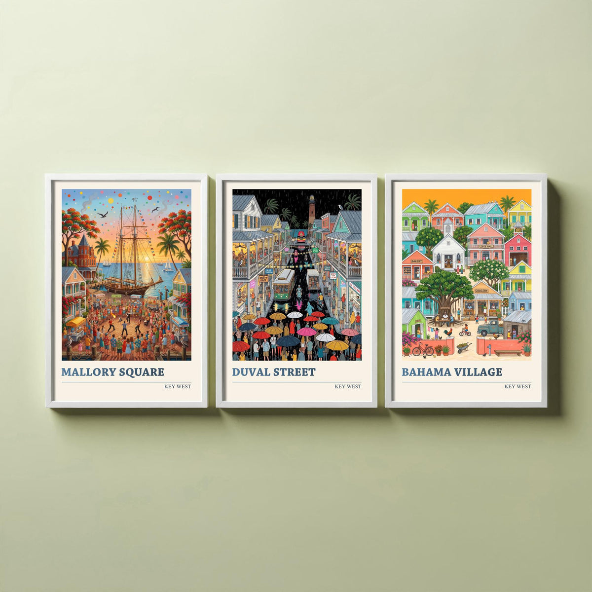 Key West Set of Three Art Prints - Mallory Square, Duval Street, Bahama Village - 3 Folk Illustration Travel Posters - Florida Keys Painting