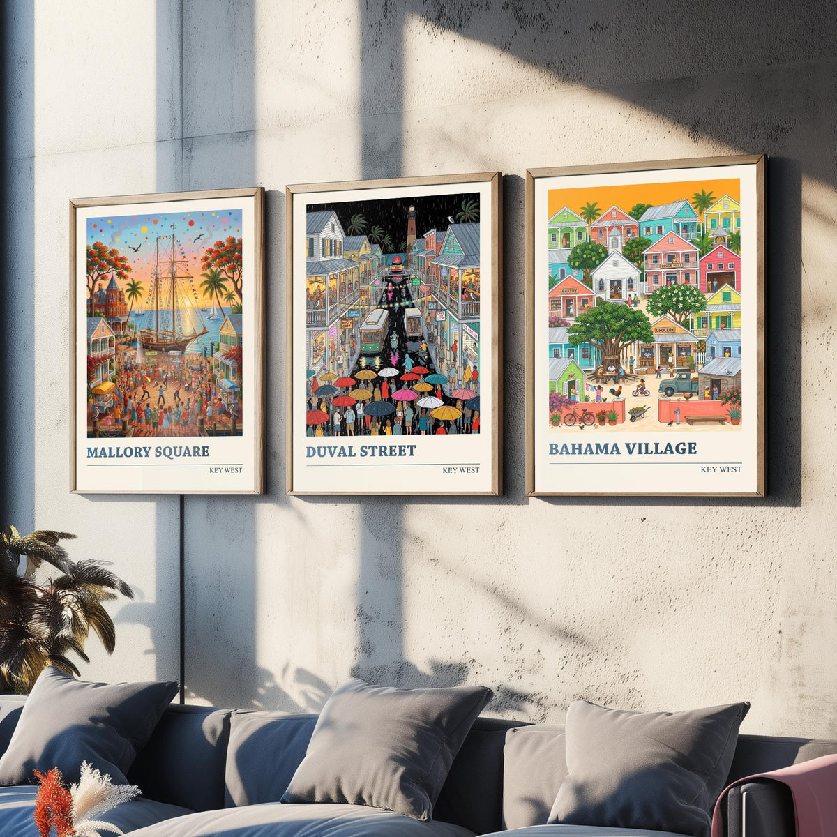Key West Set of Three Art Prints - Mallory Square, Duval Street, Bahama Village - 3 Folk Illustration Travel Posters - Florida Keys Painting