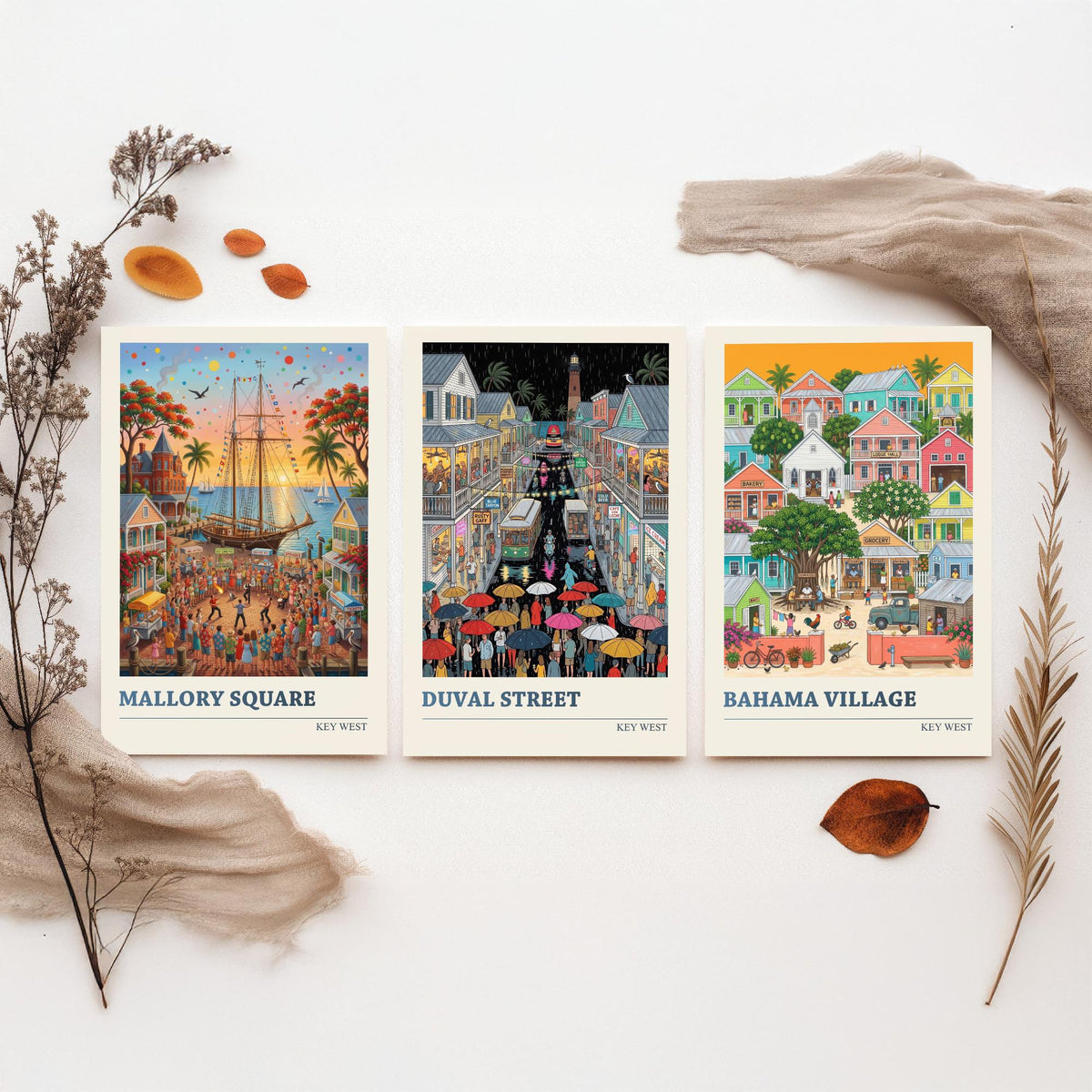 Key West Set of Three Art Prints - Mallory Square, Duval Street, Bahama Village - 3 Folk Illustration Travel Posters - Florida Keys Painting