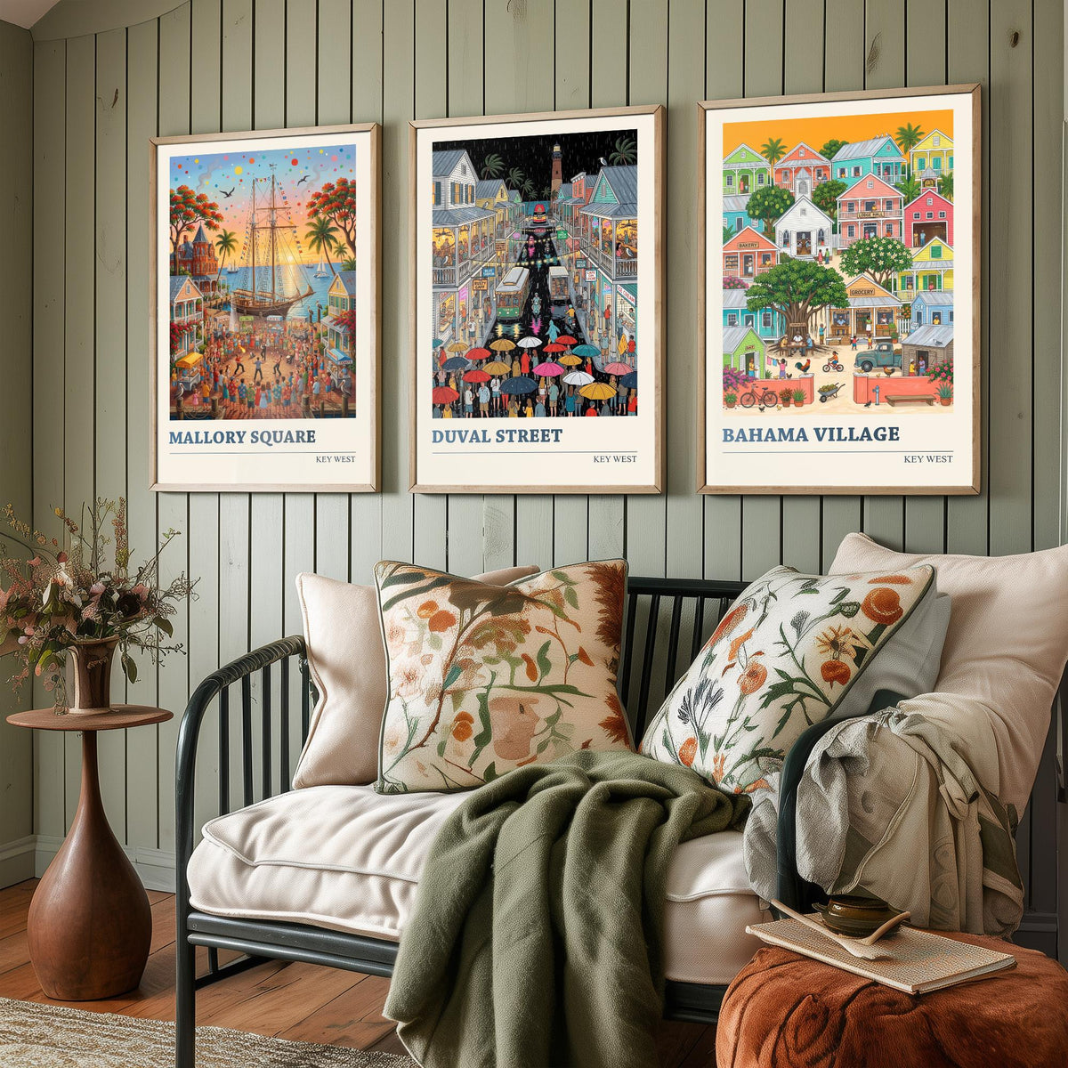 Key West Set of Three Art Prints - Mallory Square, Duval Street, Bahama Village - 3 Folk Illustration Travel Posters - Florida Keys Painting