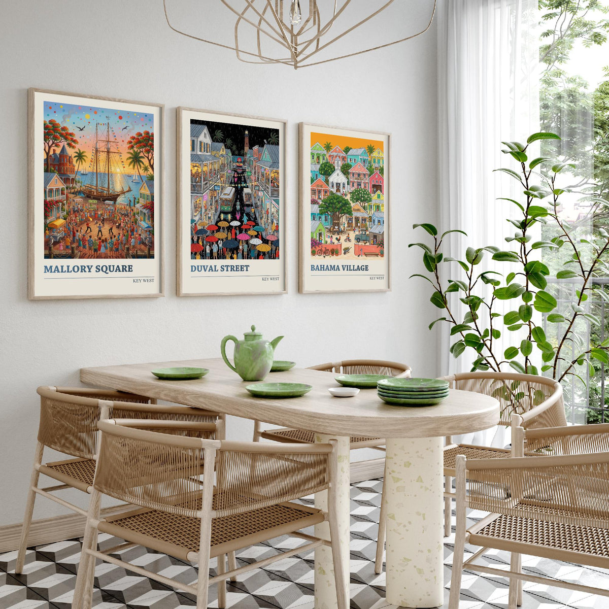 Key West Set of Three Art Prints - Mallory Square, Duval Street, Bahama Village - 3 Folk Illustration Travel Posters - Florida Keys Painting