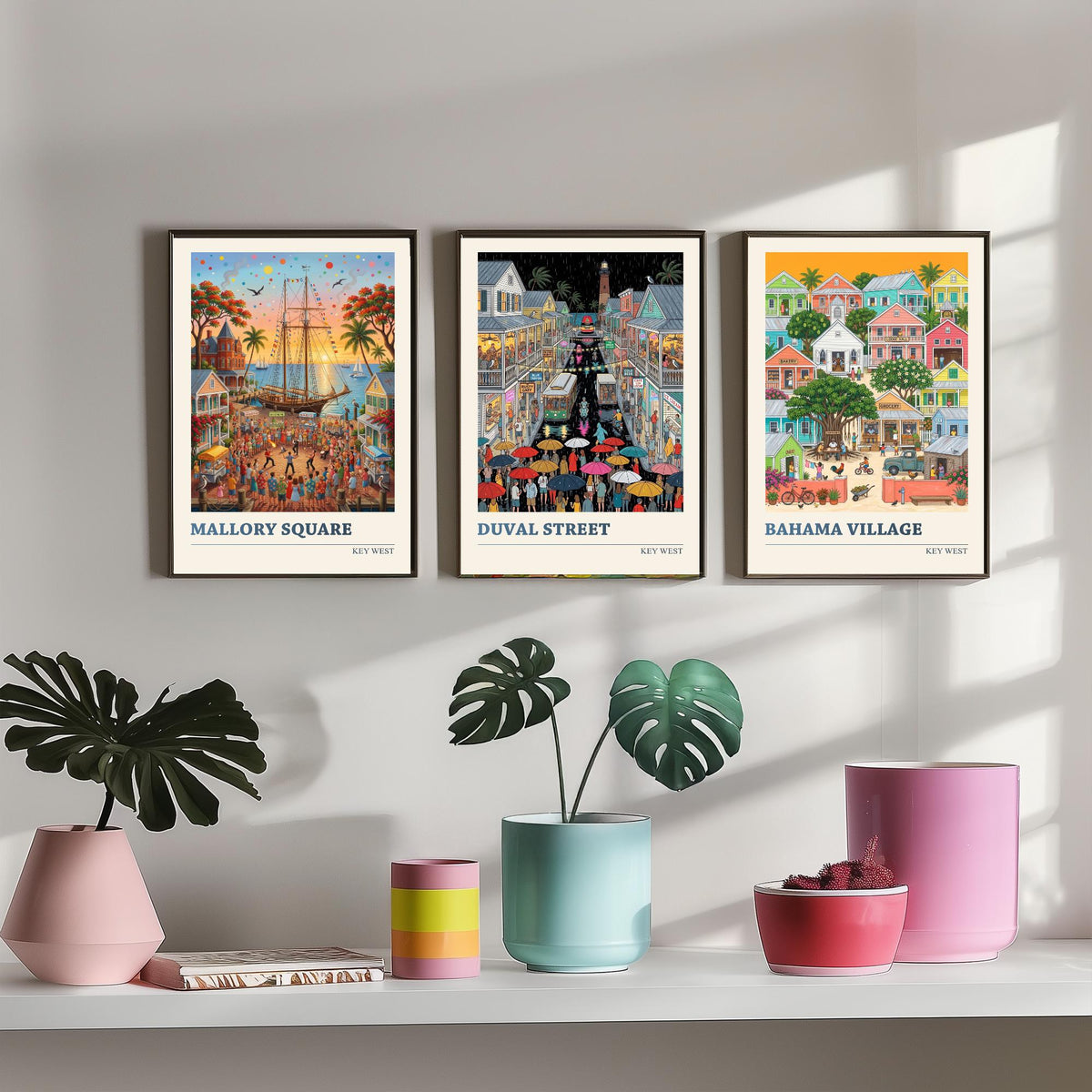 Key West Set of Three Art Prints - Mallory Square, Duval Street, Bahama Village - 3 Folk Illustration Travel Posters - Florida Keys Painting
